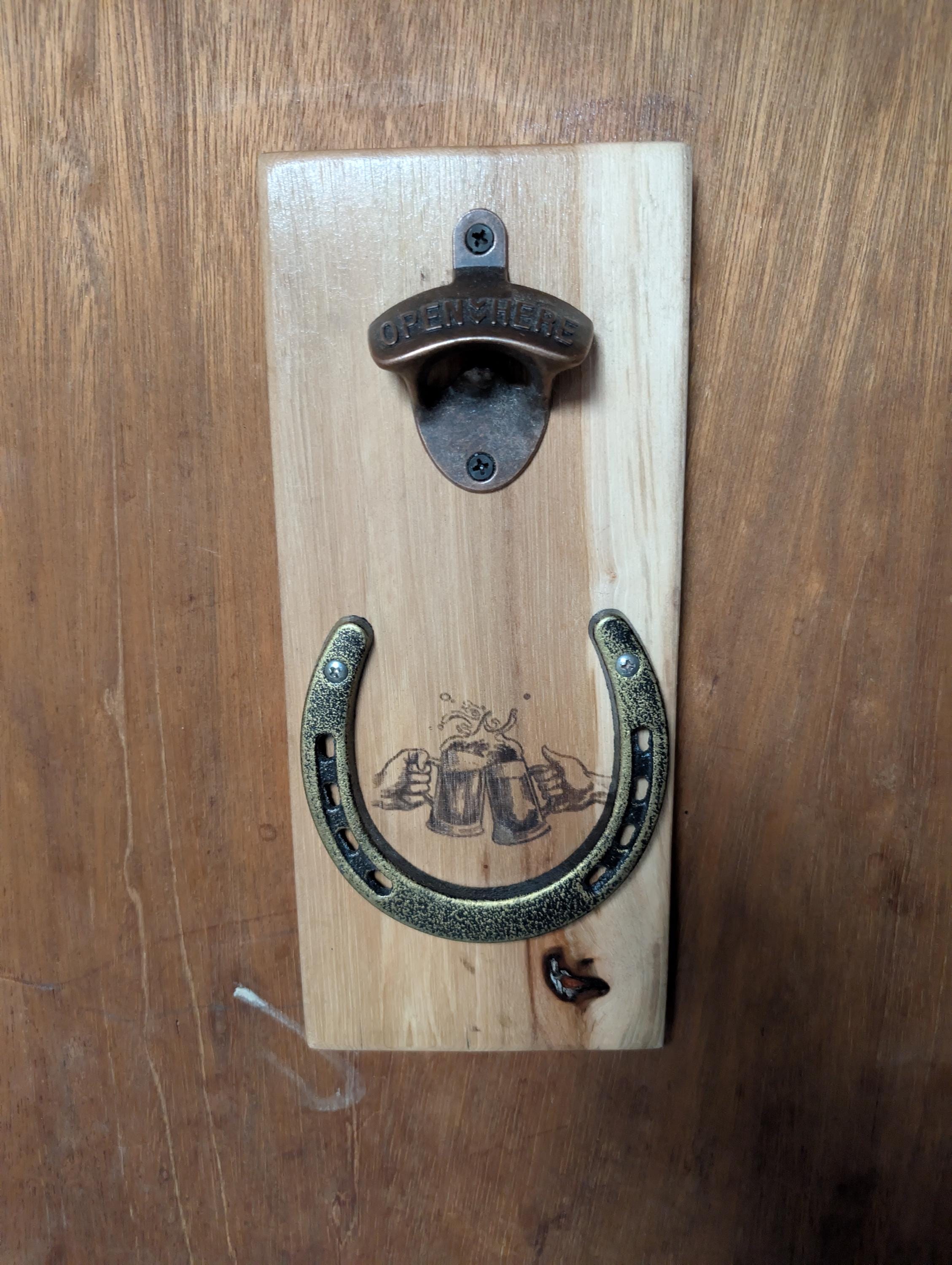 Handcrafted Hickory Bottle Opener: Rustic Wall Mount with Magnetic Cap Catcher