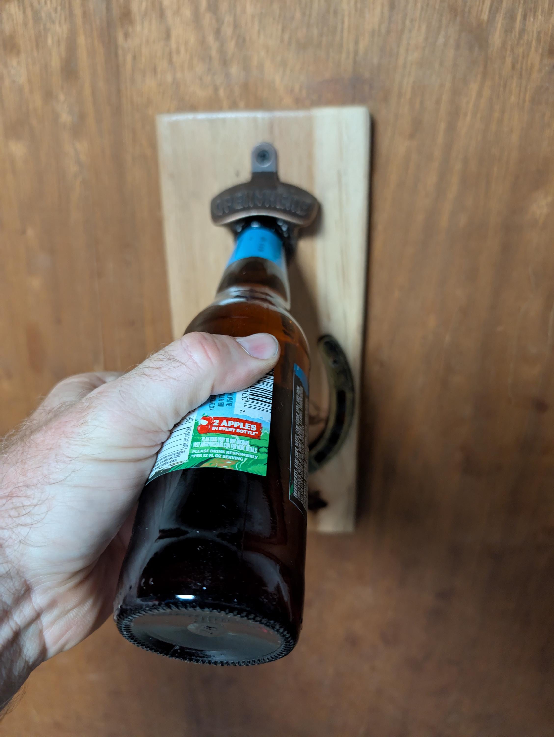 Handcrafted Hickory Bottle Opener: Rustic Wall Mount with Magnetic Cap Catcher