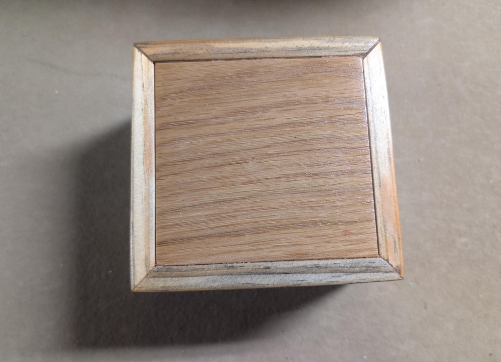 Hand crafted small jewelry or keepsake box.  poplar, oak, and walnut with red velvet Lining