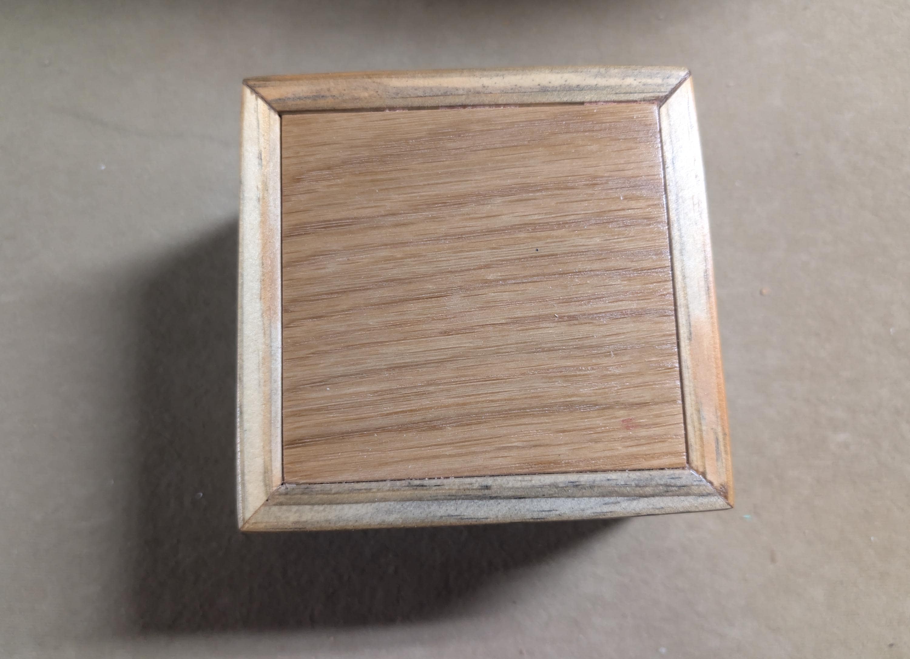 Hand crafted small jewelry or keepsake box.  poplar, oak, and walnut with red velvet Lining