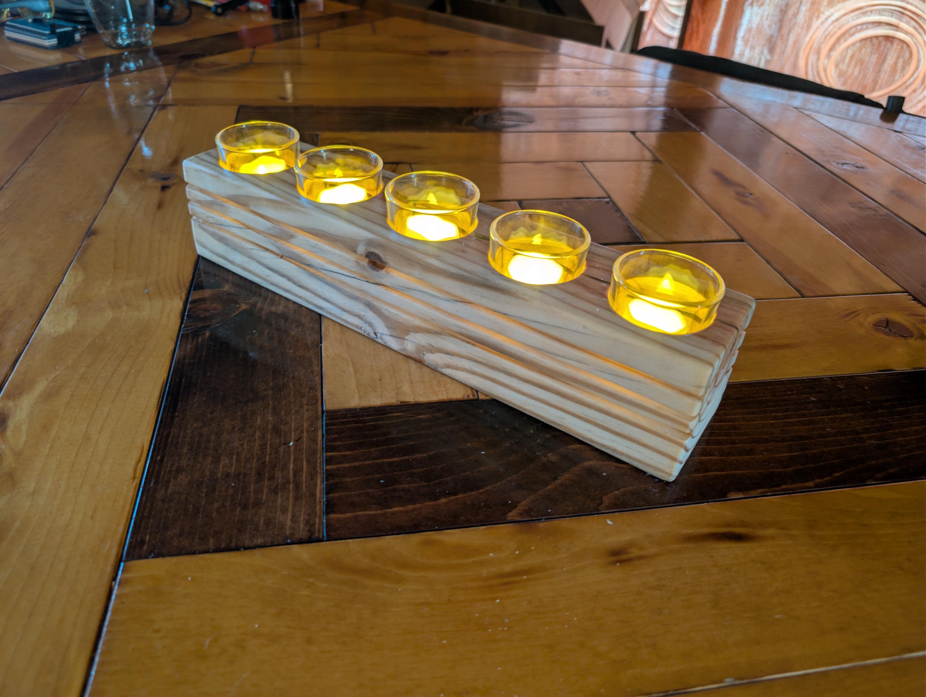 Rustic Hand Crafted Wooden Candle Holder For 5 Candles