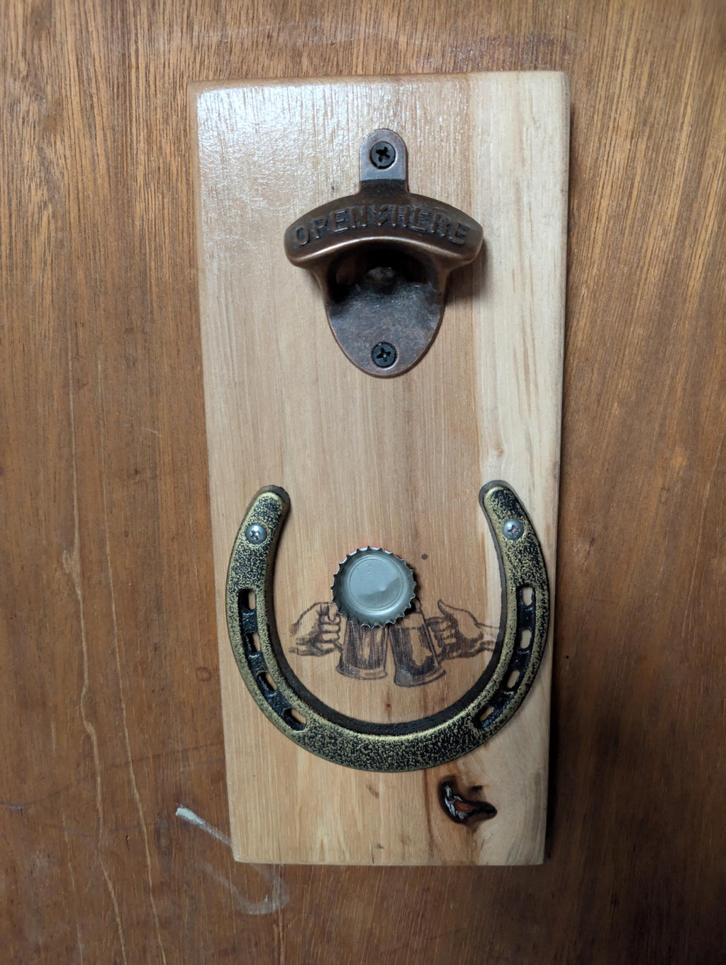 Handcrafted Hickory Bottle Opener: Rustic Wall Mount with Magnetic Cap Catcher