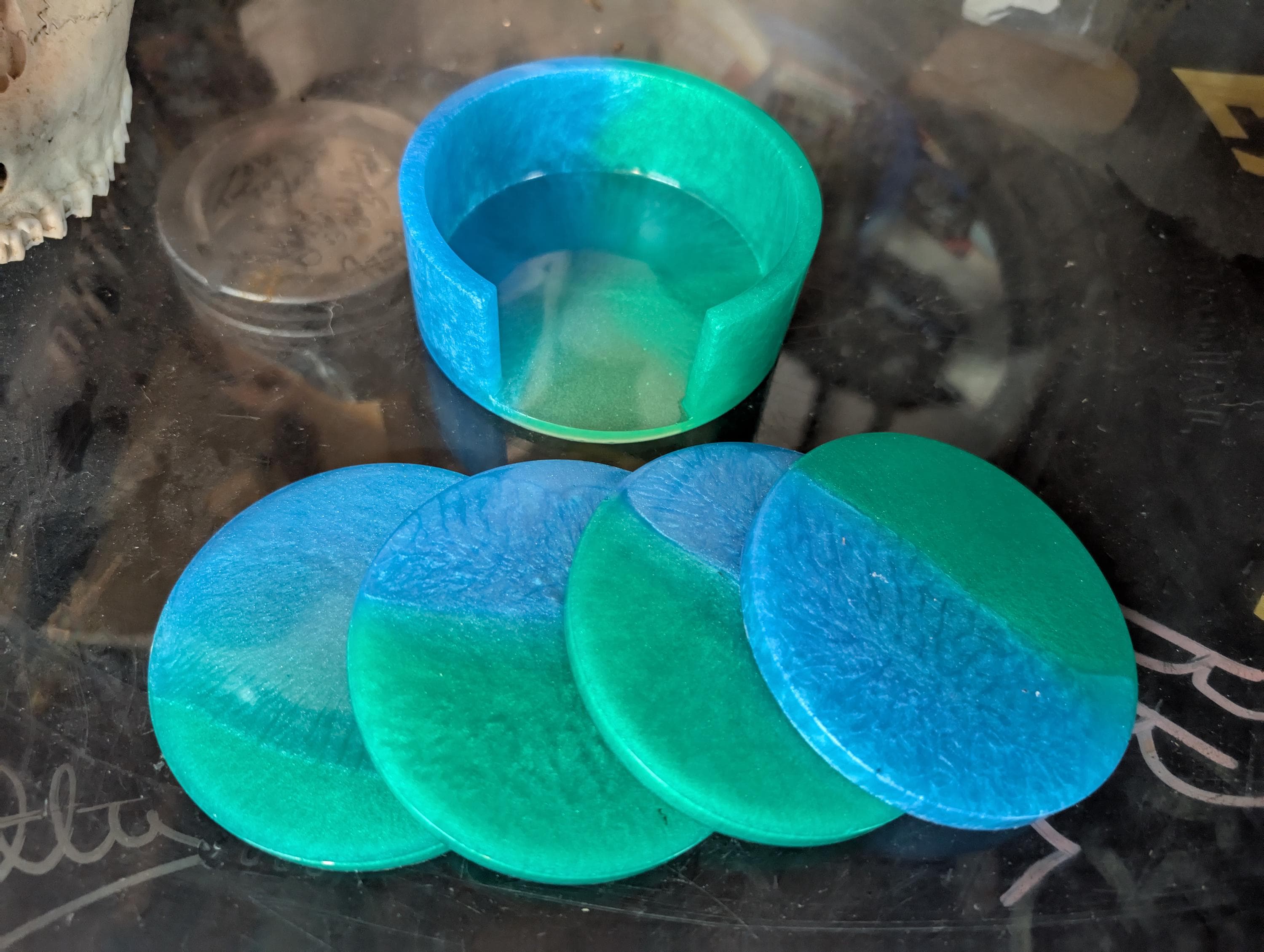 Hand Crafted Resin Round  Coaster  Set  blue and green With Matching Holder
