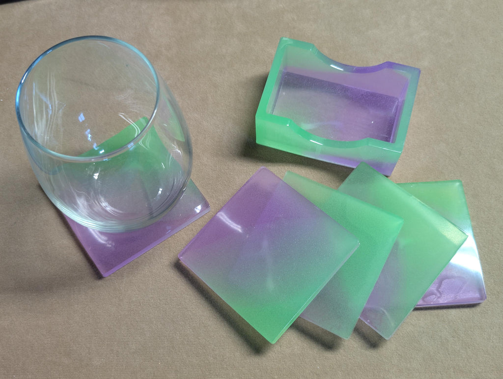 Hand Crafted Resin Square Coaster  Set  purple and green With Matching Holder