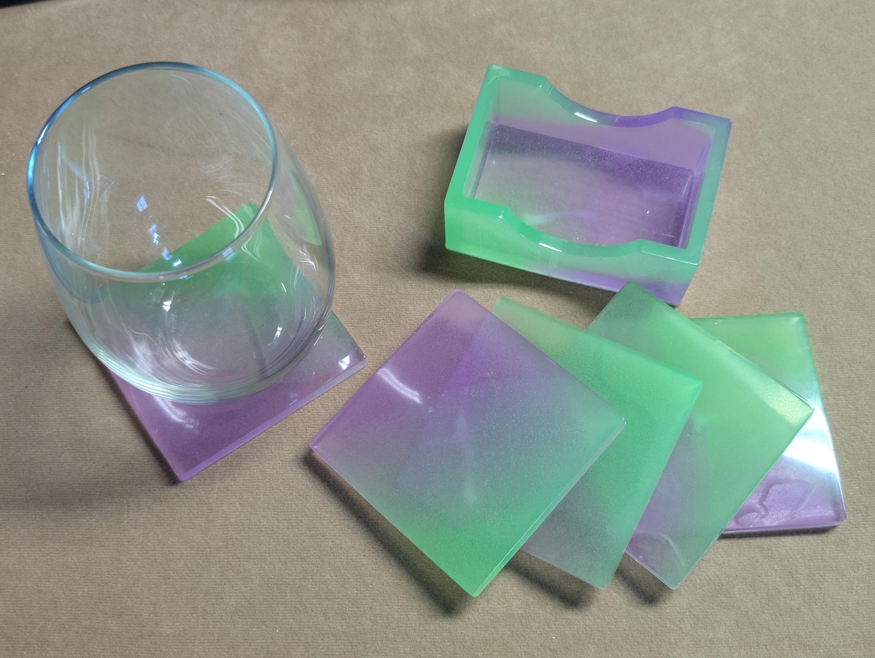 Hand Crafted Resin Square Coaster  Set  purple and green With Matching Holder