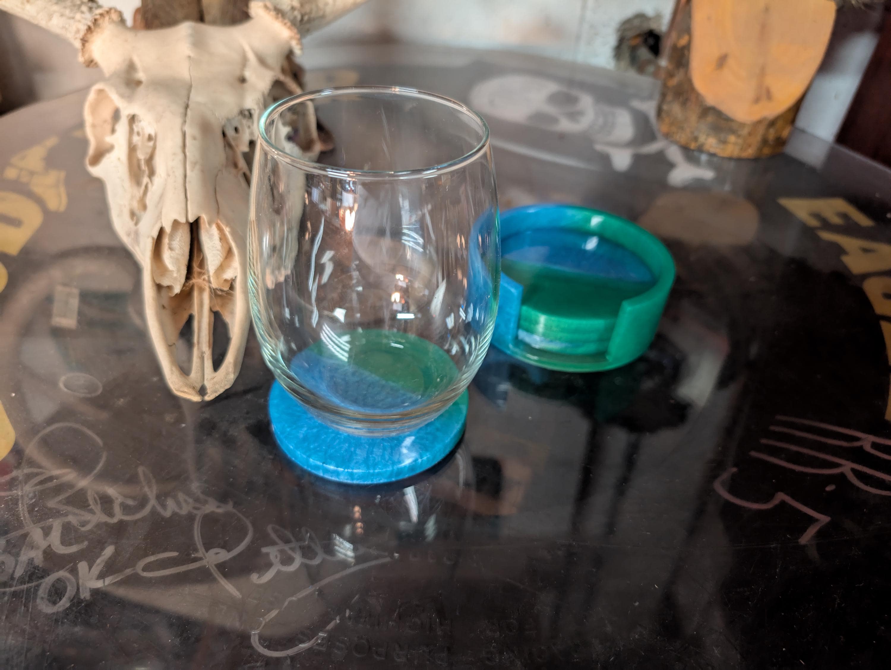Hand Crafted Resin Round  Coaster  Set  blue and green With Matching Holder