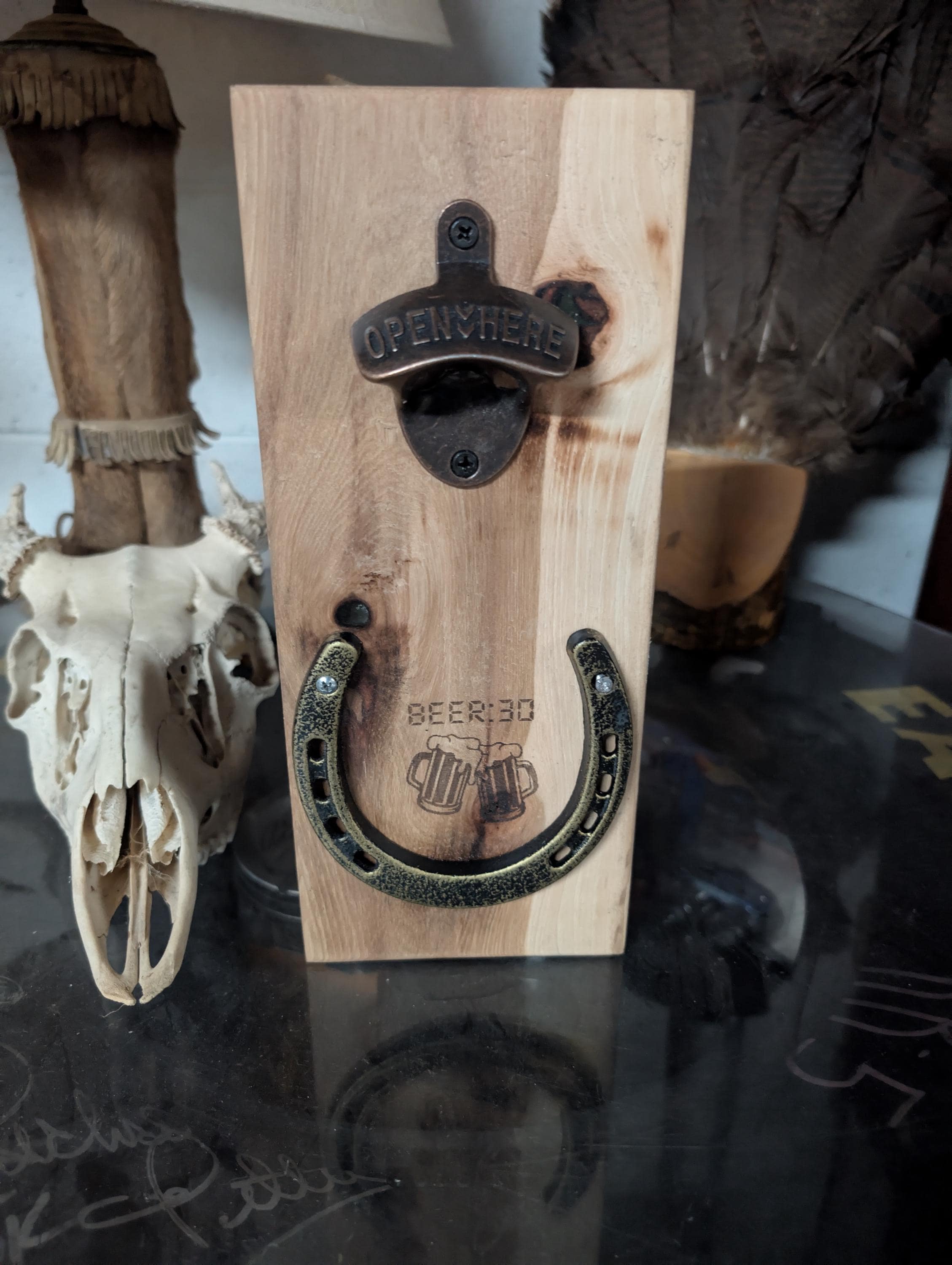 Handcrafted Hickory Bottle Opener: Rustic Wall Mount with Magnetic Cap Catcher