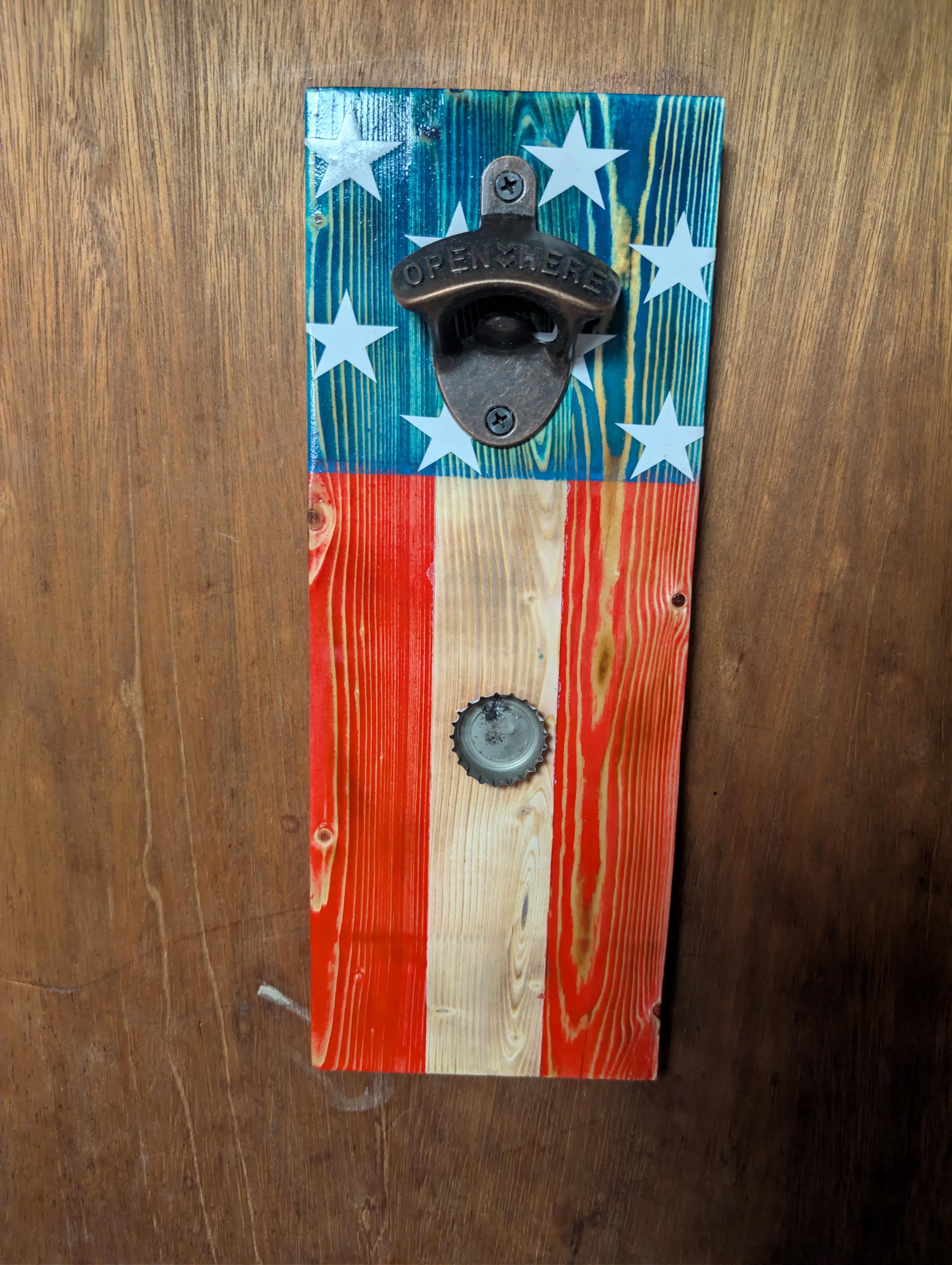 Handcrafted American flag Bottle Opener: Rustic Wall Mount with Magnetic Cap Catcher