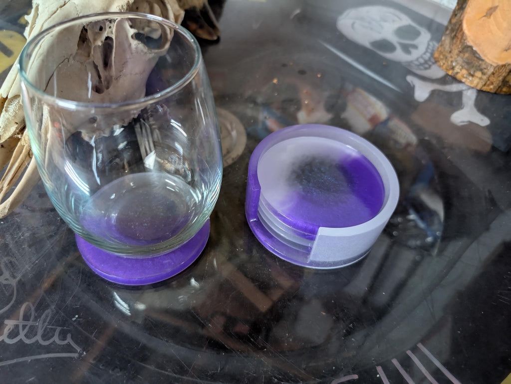 Hand Crafted Resin Coaster Set Purple In Color With Matching Holder