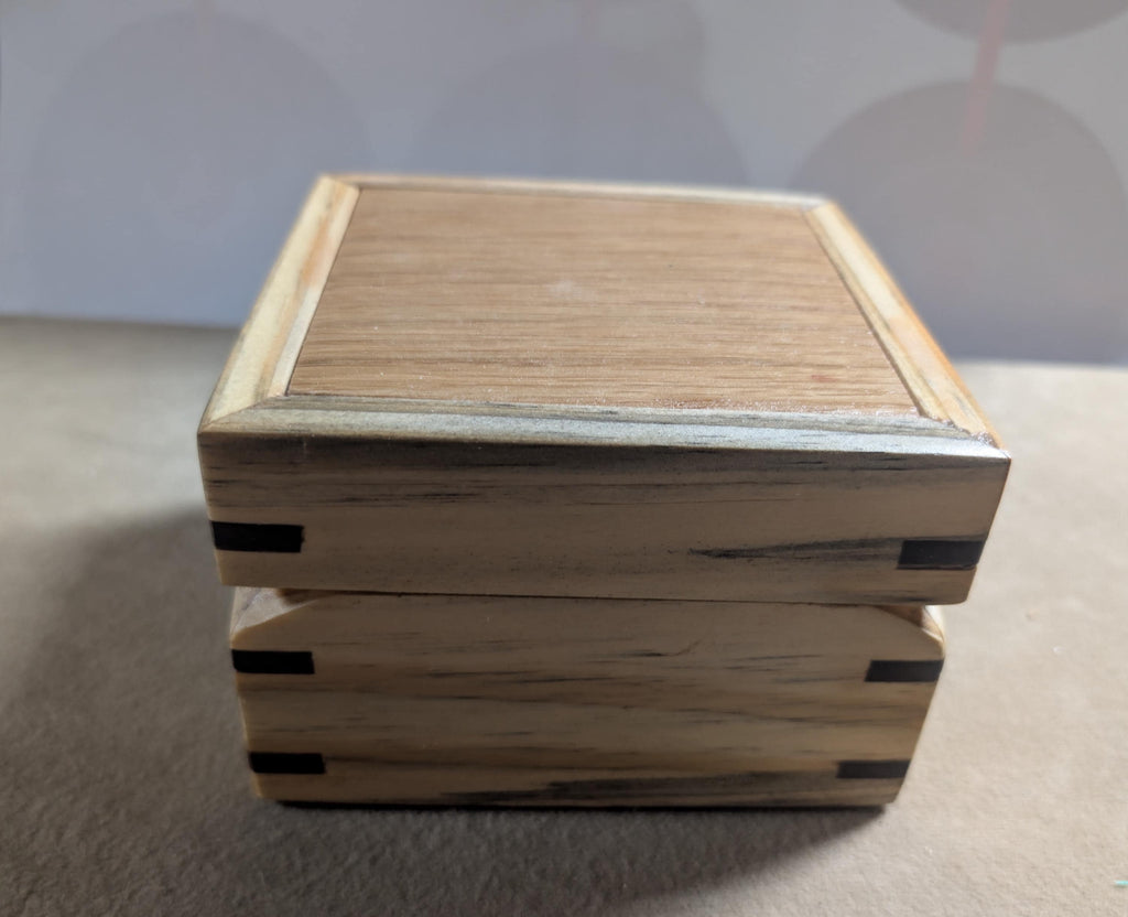 Hand crafted small jewelry or keepsake box.  poplar, oak, and walnut with red velvet Lining
