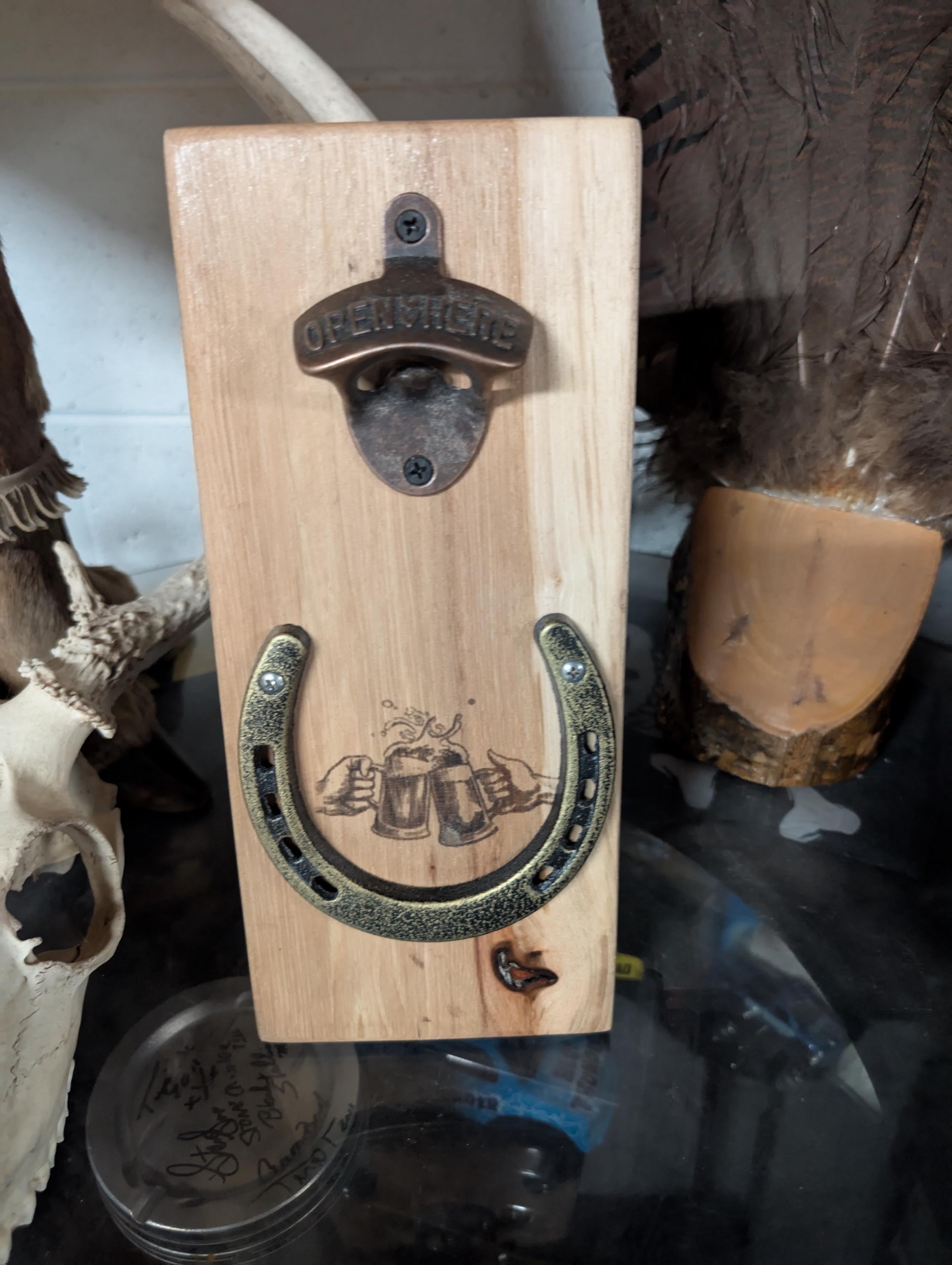 Handcrafted Hickory Bottle Opener: Rustic Wall Mount with Magnetic Cap Catcher