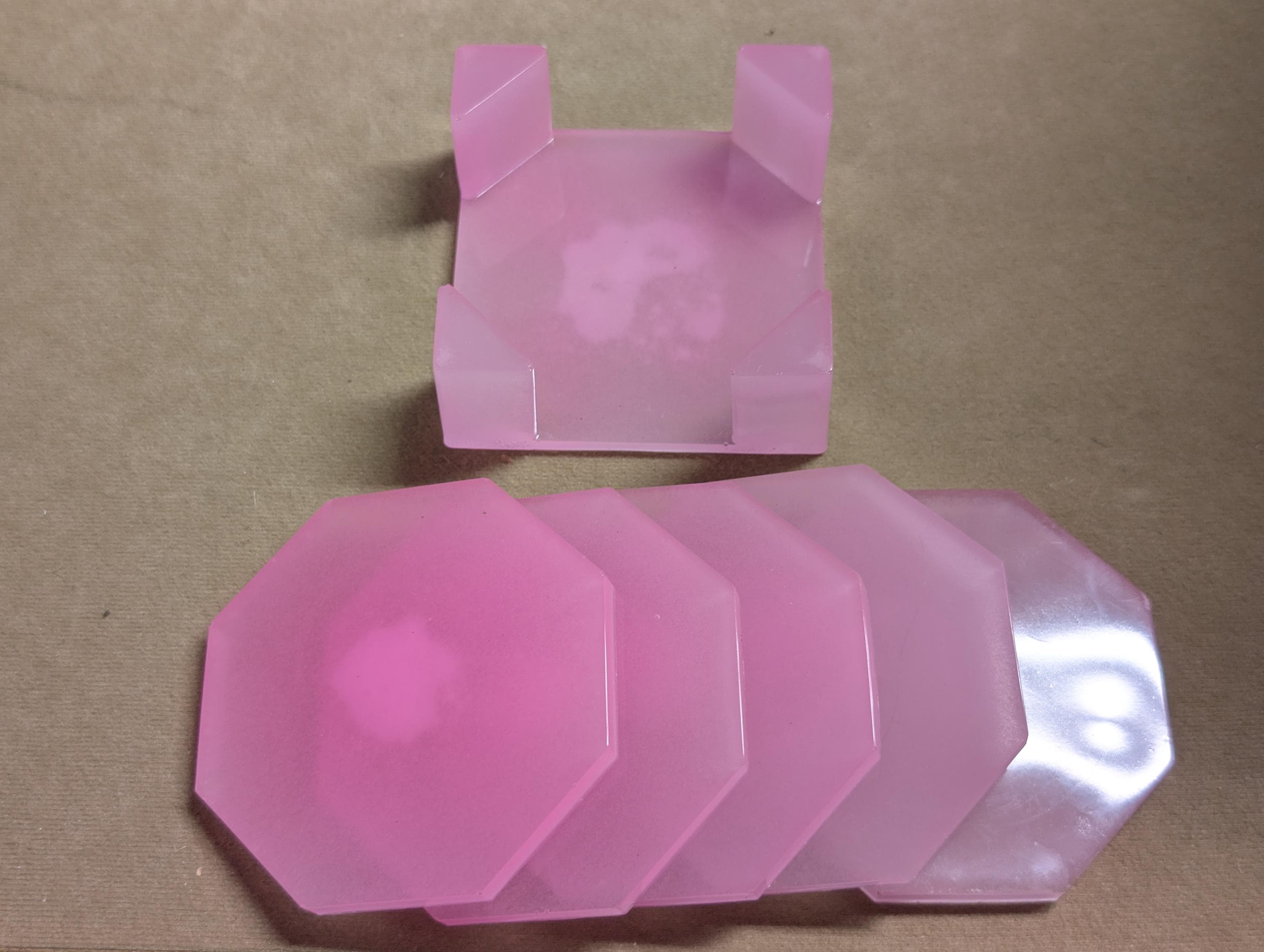 Hand Crafted Resin Coaster octagon Set pink In Color With Matching Holder