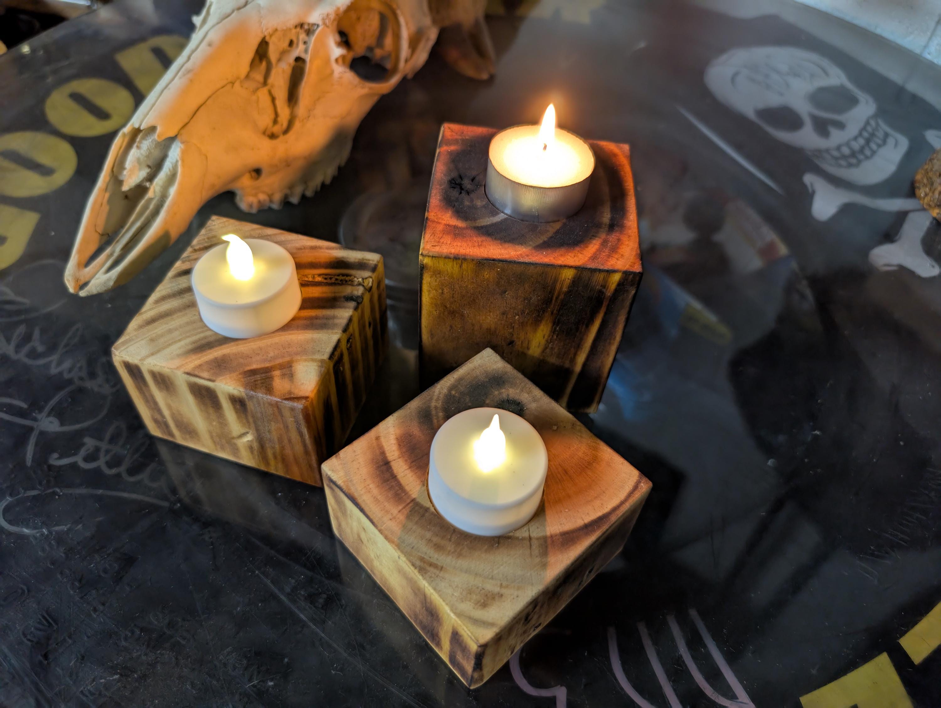 Set Of 3 Rustic Hand Crafted Wooden Tea light Candle Holders