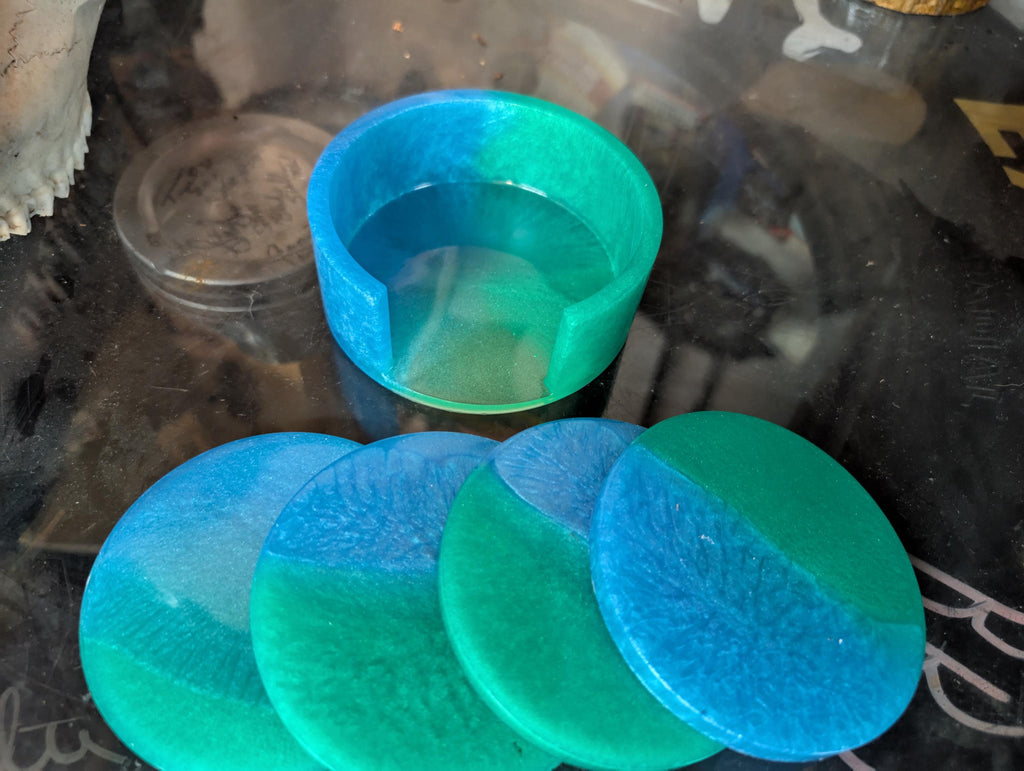 Hand Crafted Resin Round  Coaster  Set  blue and green With Matching Holder