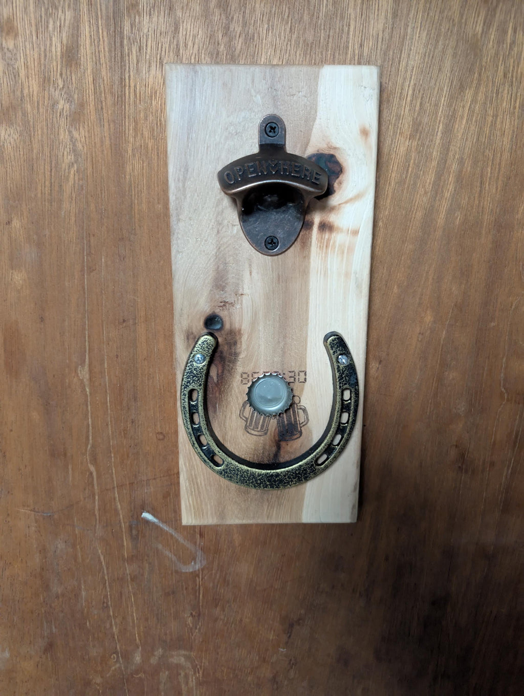 Handcrafted Hickory Bottle Opener: Rustic Wall Mount with Magnetic Cap Catcher