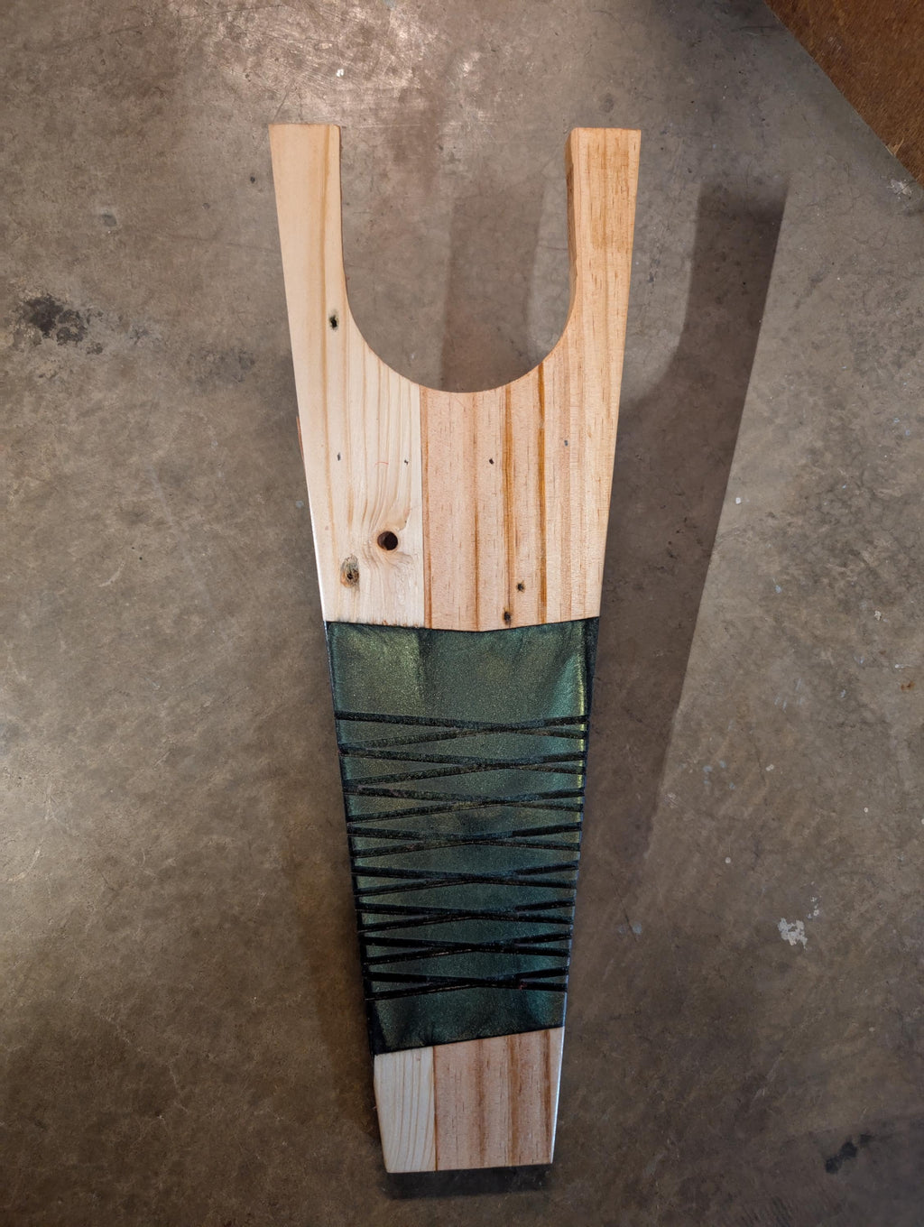 Rustic handcrafted boot jack. Hand crafted from natural wood with inlay, and stained to desire.
