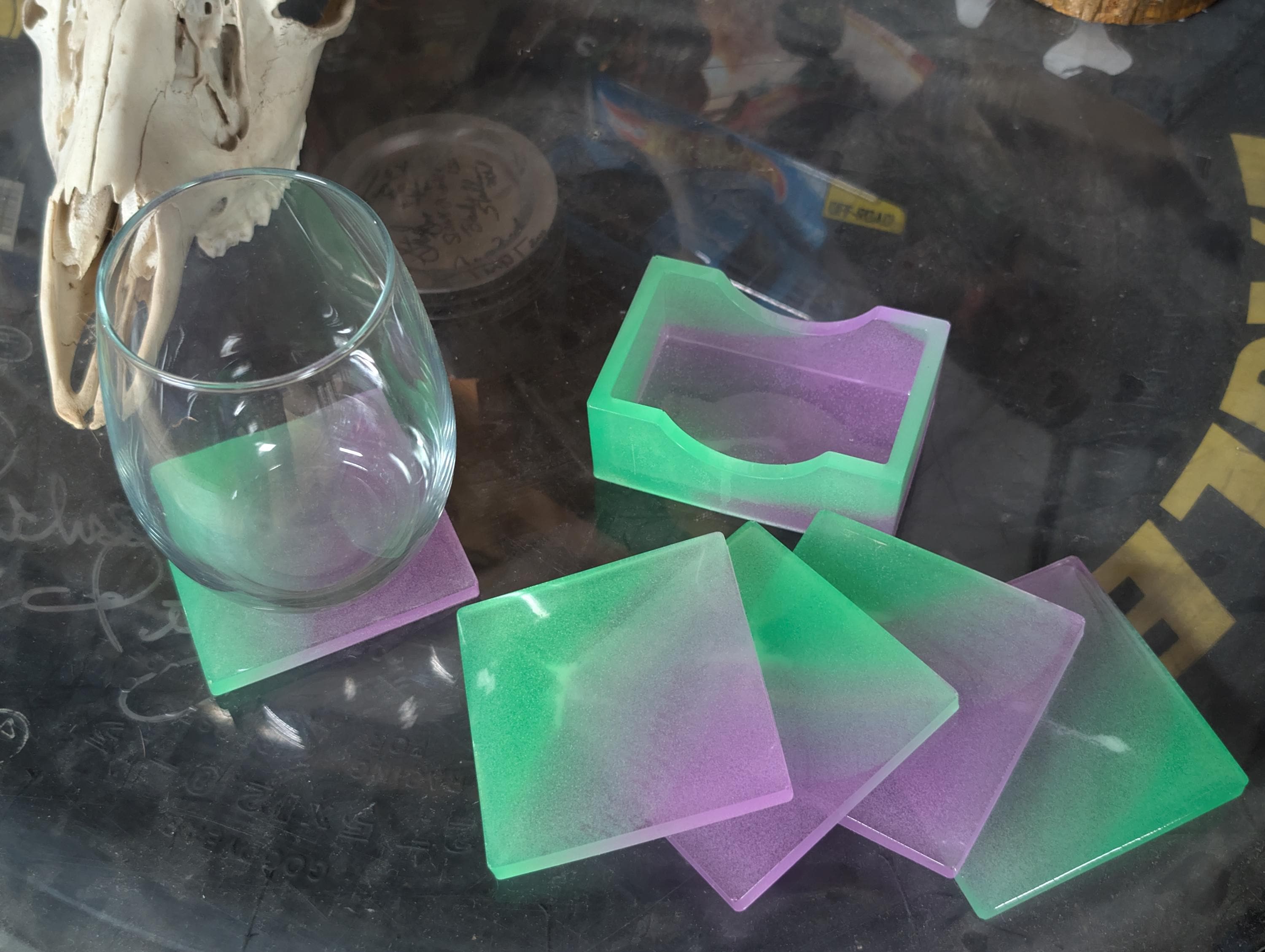 Hand Crafted Resin Square Coaster  Set  purple and green With Matching Holder