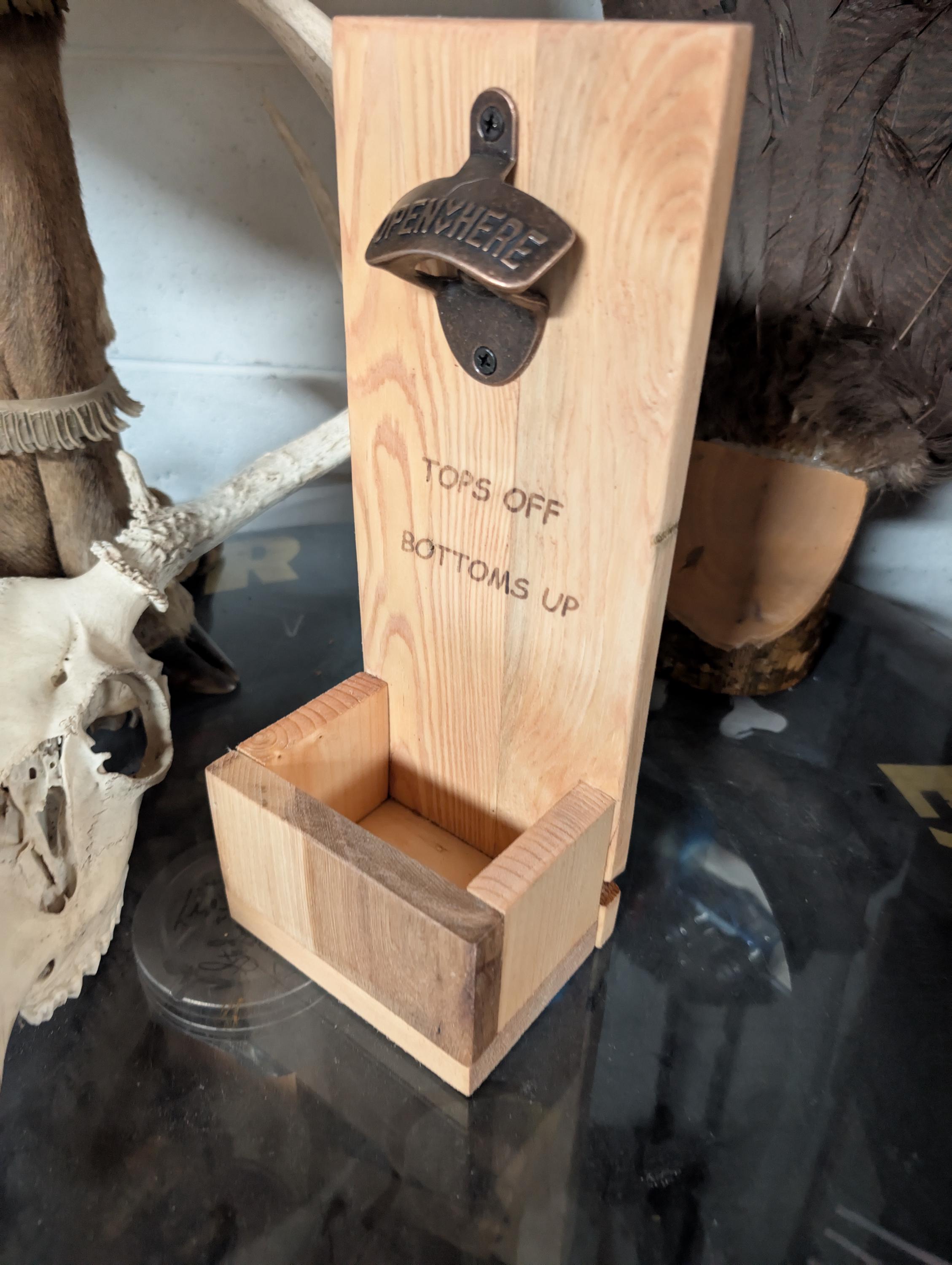 Handcrafted Pine Bottle Opener with Hickory Catcher: Rustic Wall Mount