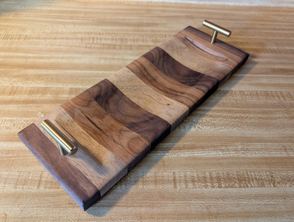Handcrafted Multi Wood Exotic Wood Serving Tray with Handles. Food Safe.