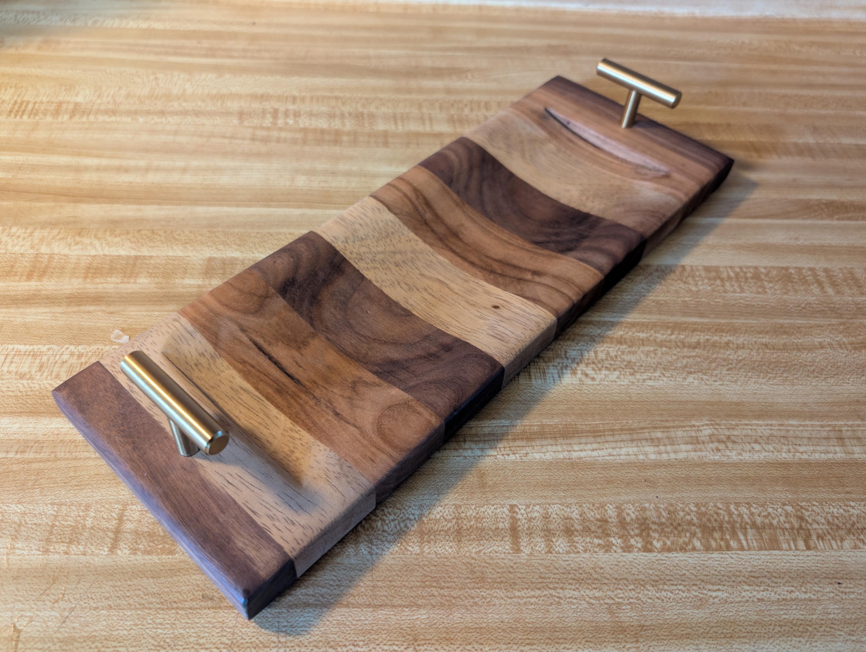 Handcrafted Multi Wood Exotic Wood Serving Tray with Handles. Food Safe.