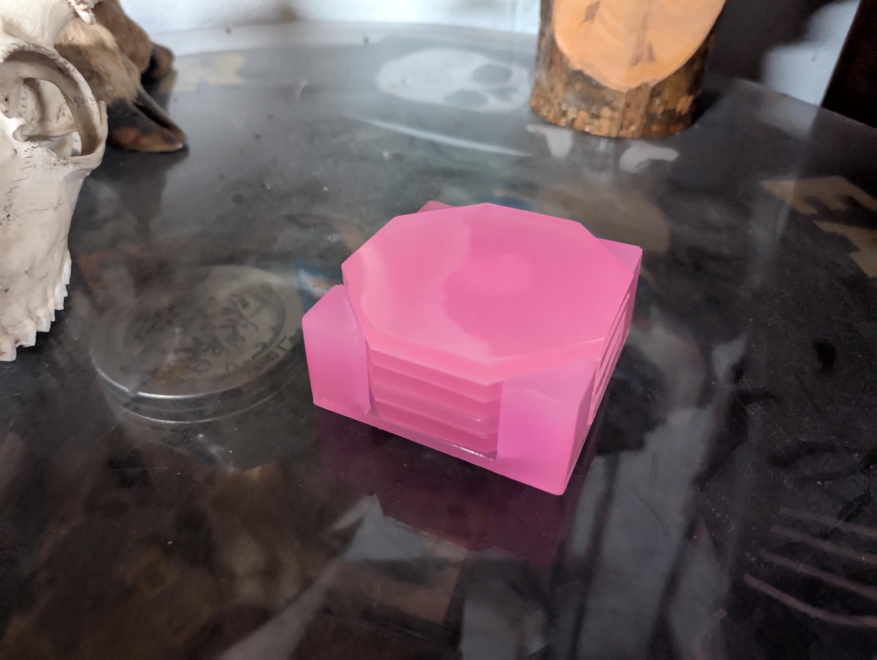 Hand Crafted Resin Coaster octagon Set pink In Color With Matching Holder