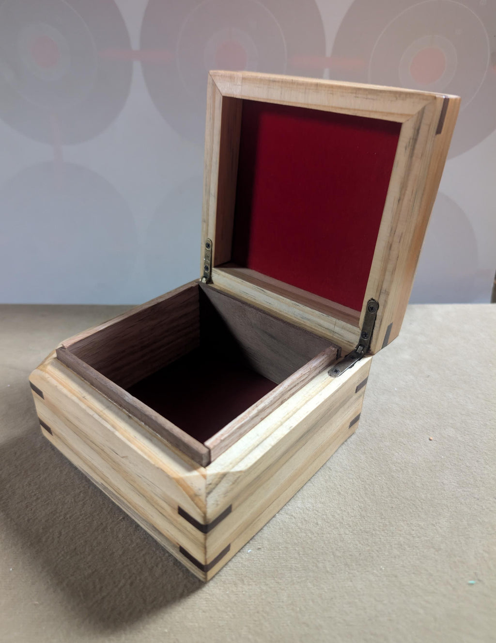 Hand crafted small jewelry or keepsake box.  poplar, oak, and walnut with red velvet Lining