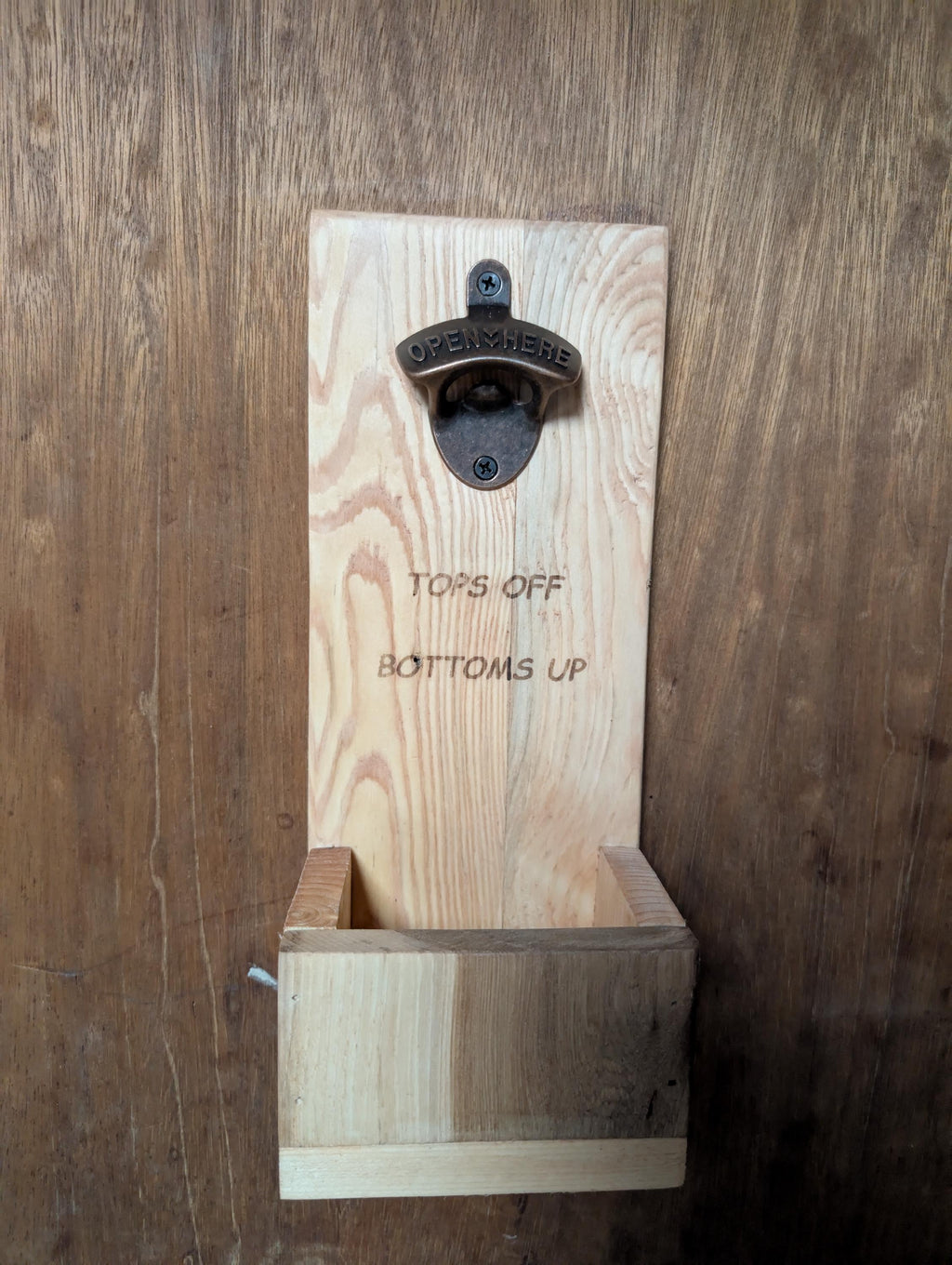 Handcrafted Pine Bottle Opener with Hickory Catcher: Rustic Wall Mount