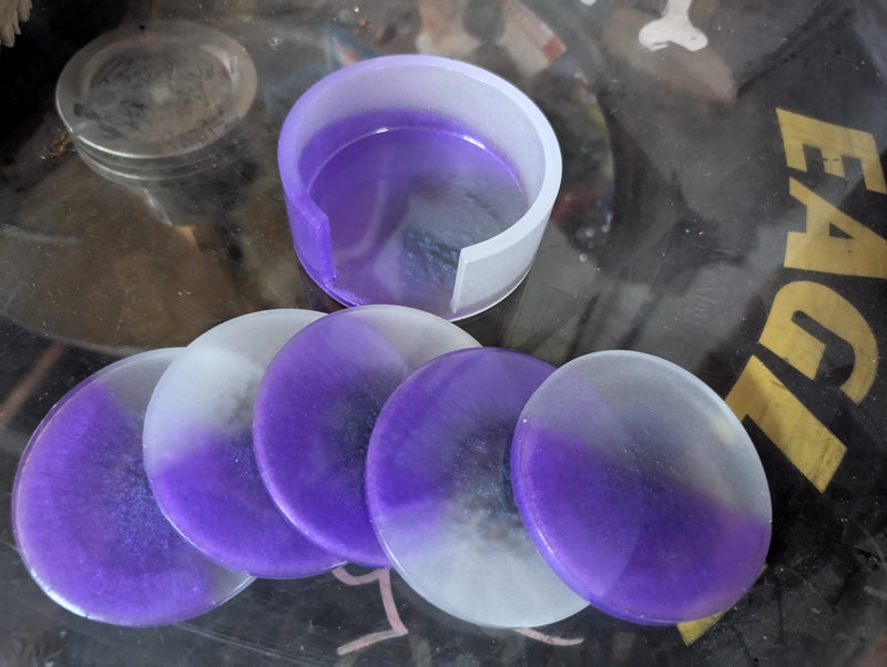 Hand Crafted Resin Round  Coaster  Set  blue and green With Matching Holder