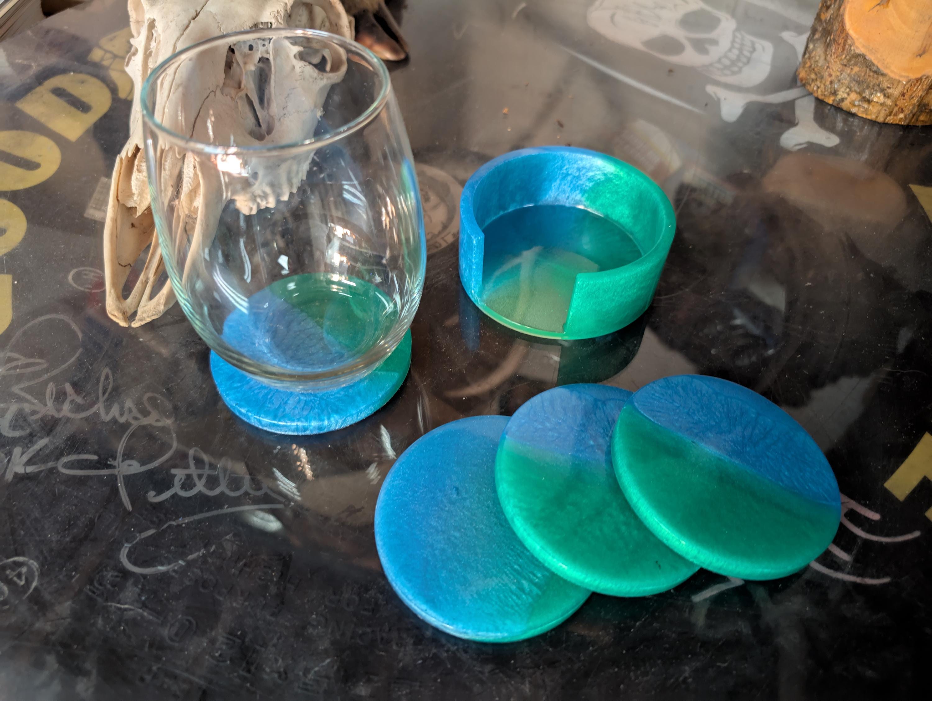 Hand Crafted Resin Round  Coaster  Set  blue and green With Matching Holder