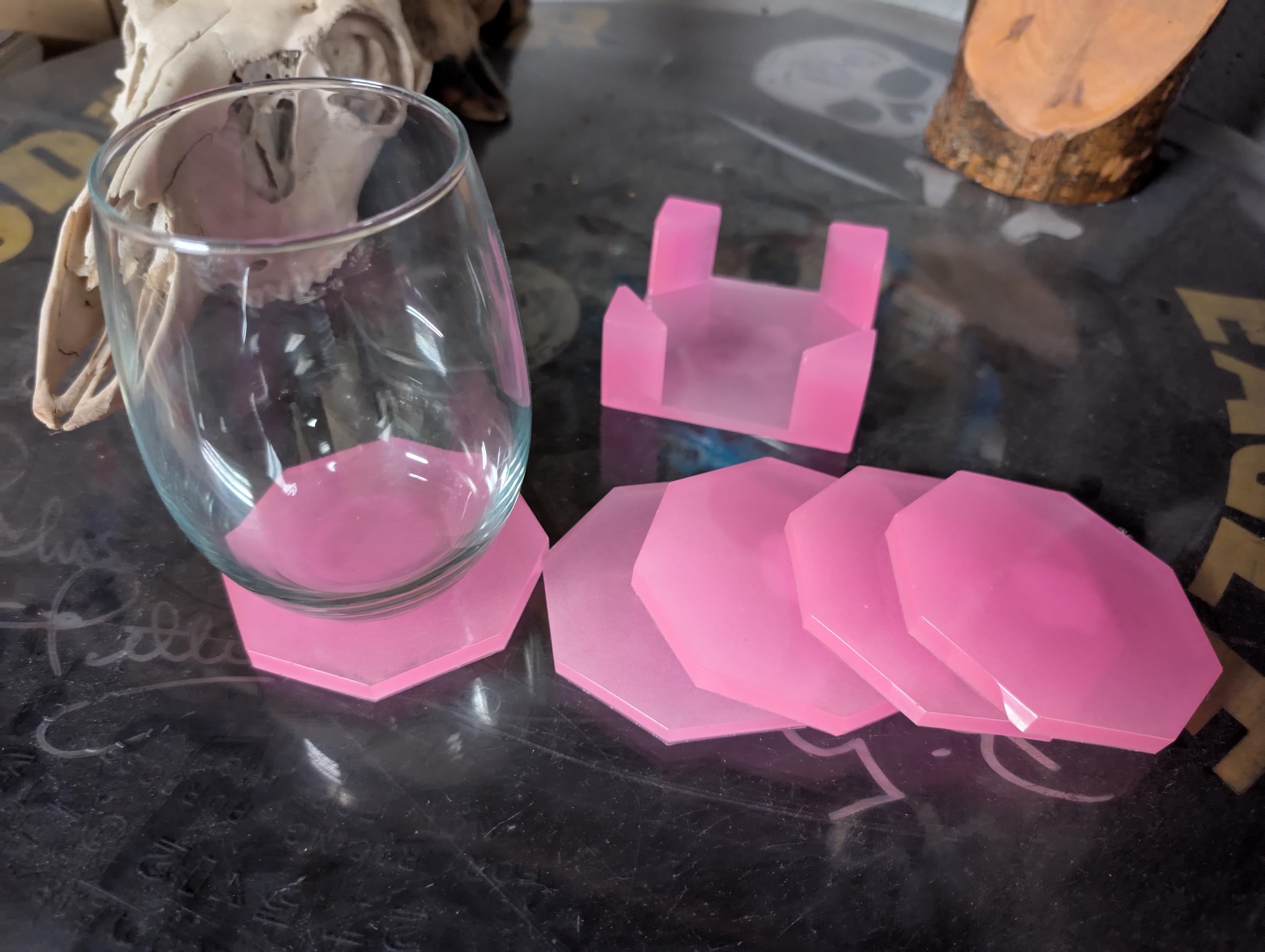 Hand Crafted Resin Coaster octagon Set pink In Color With Matching Holder