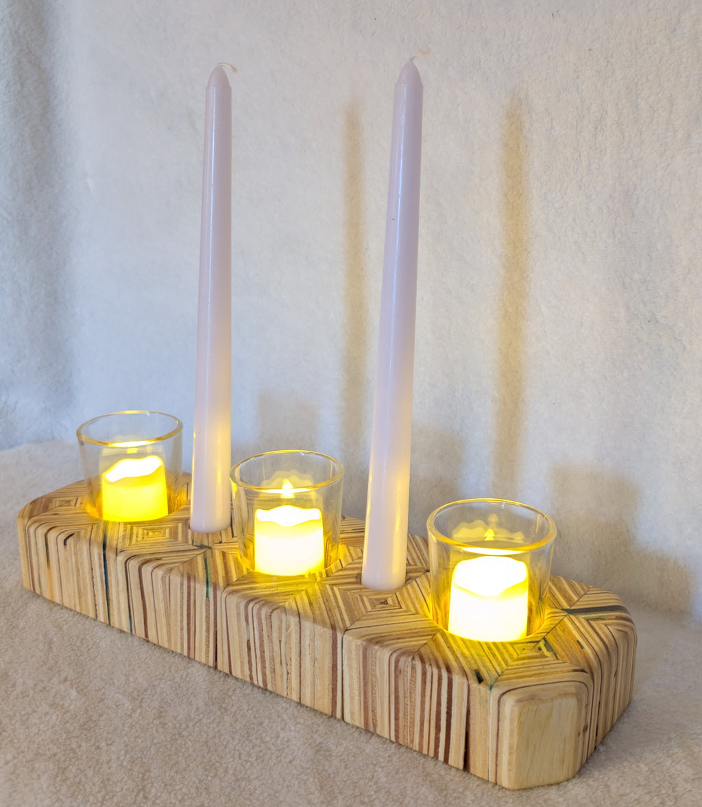 Hand crafted wooden candle holder, holds 3 votive candles and 2 candle sticks.