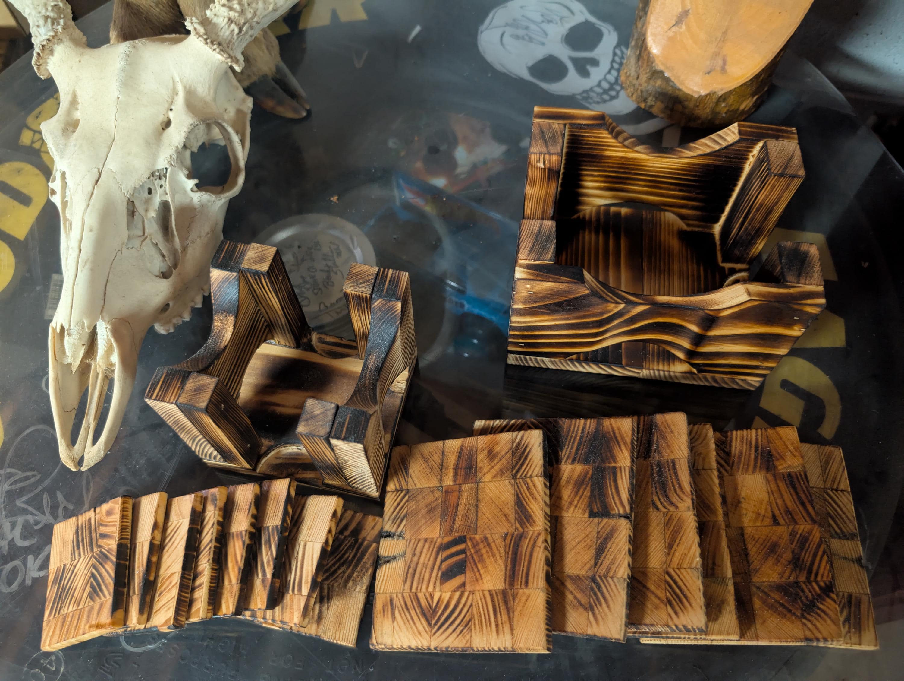 Hand Crafted Rustic Matching Set Of Regular And Shot glass Coasters With Holders