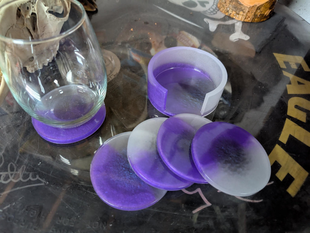 Hand Crafted Resin Coaster Set Purple In Color With Matching Holder