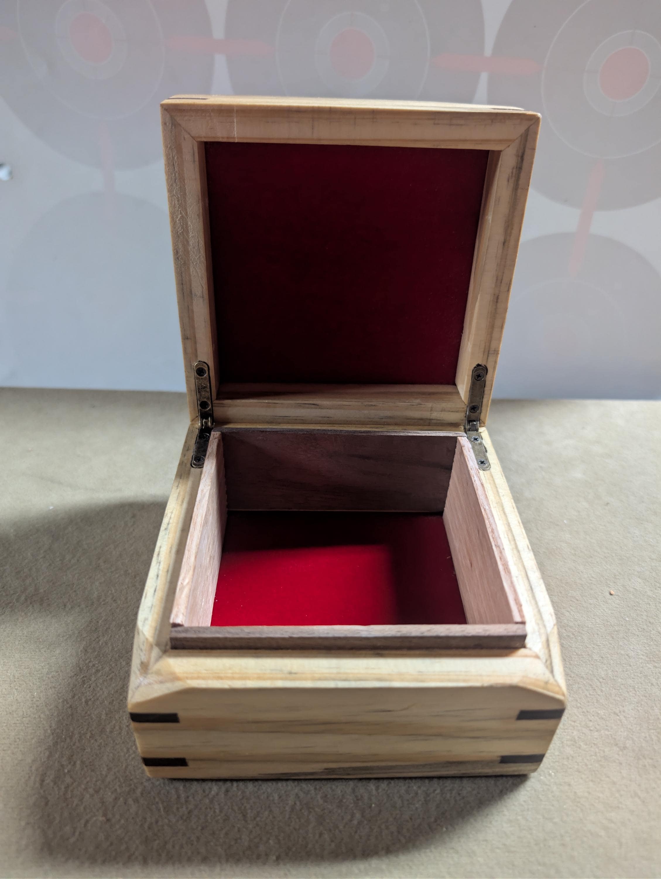 Hand crafted small jewelry or keepsake box.  poplar, oak, and walnut with red velvet Lining