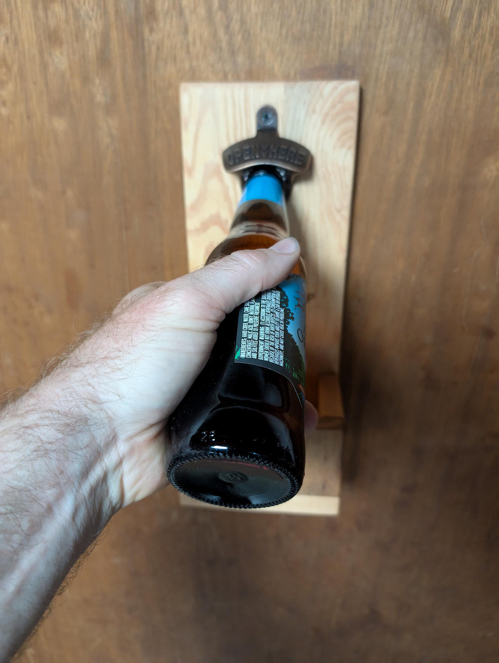 Handcrafted Pine Bottle Opener with Hickory Catcher: Rustic Wall Mount