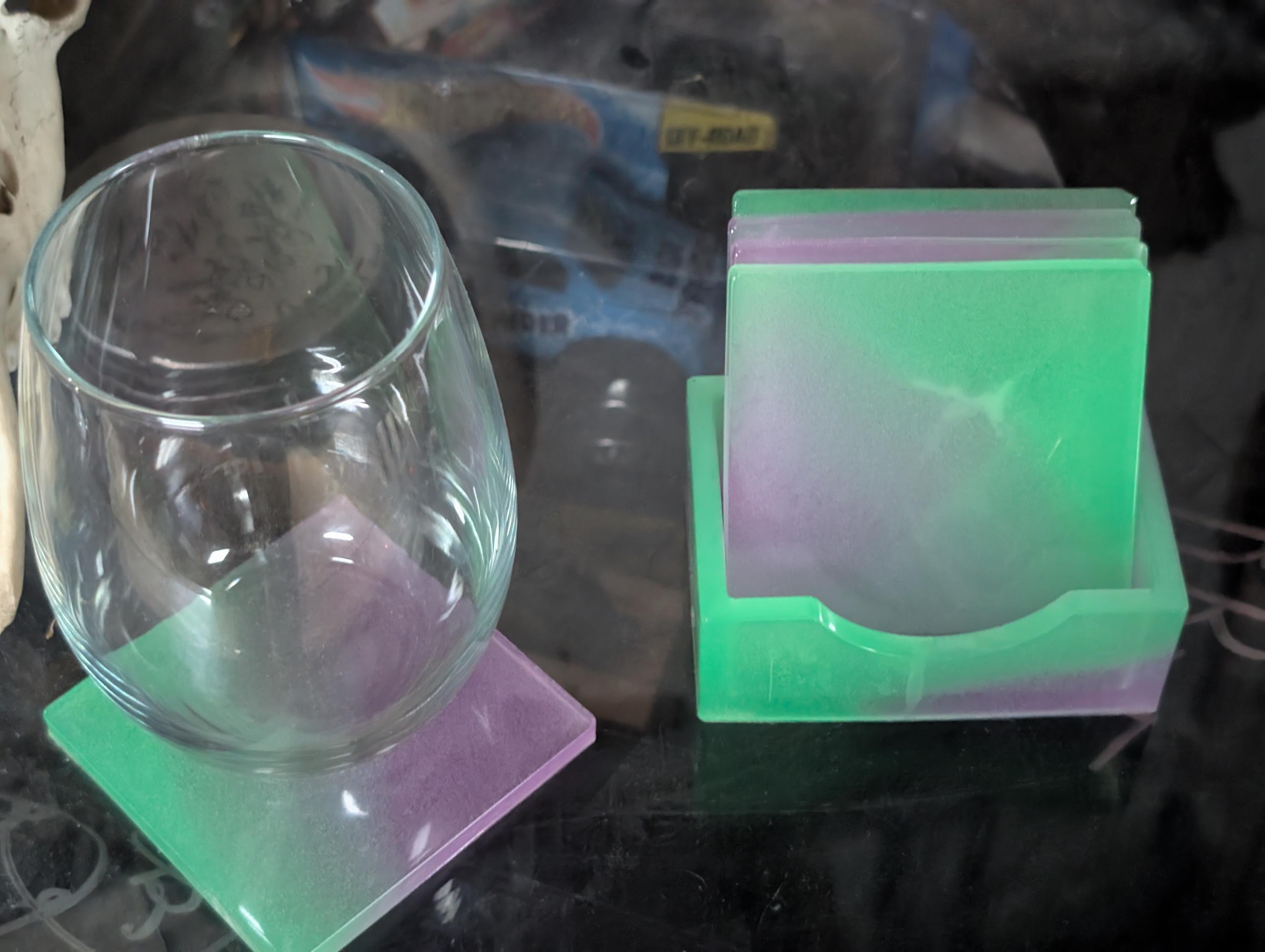 Hand Crafted Resin Square Coaster  Set  purple and green With Matching Holder