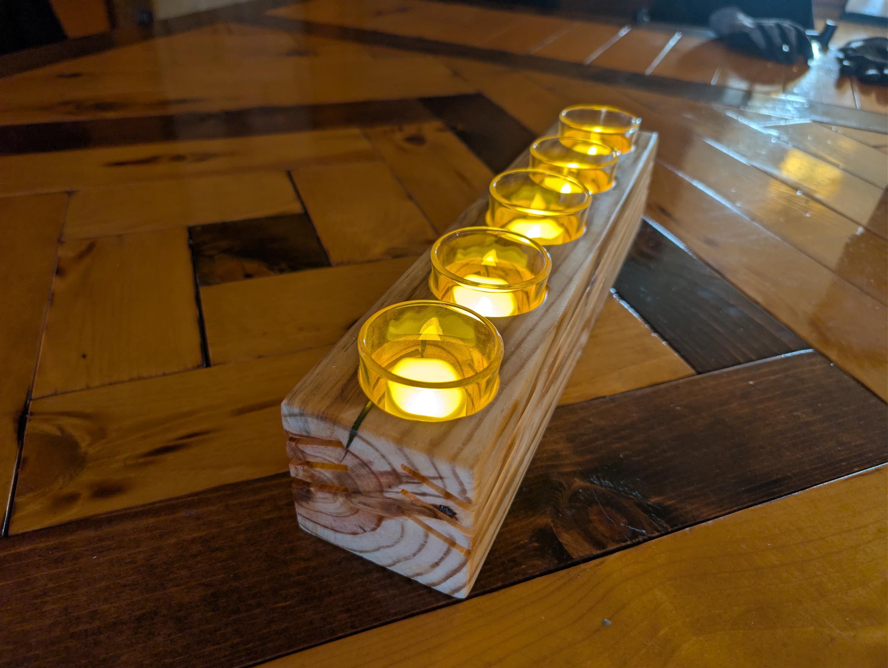 Rustic Hand Crafted Wooden Candle Holder For 5 Candles
