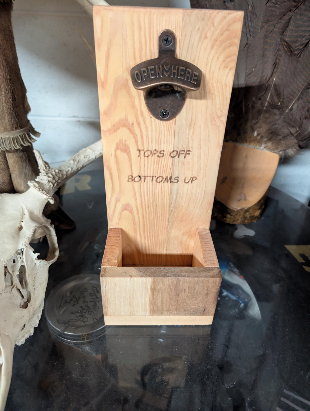 Handcrafted Pine Bottle Opener with Hickory Catcher: Rustic Wall Mount
