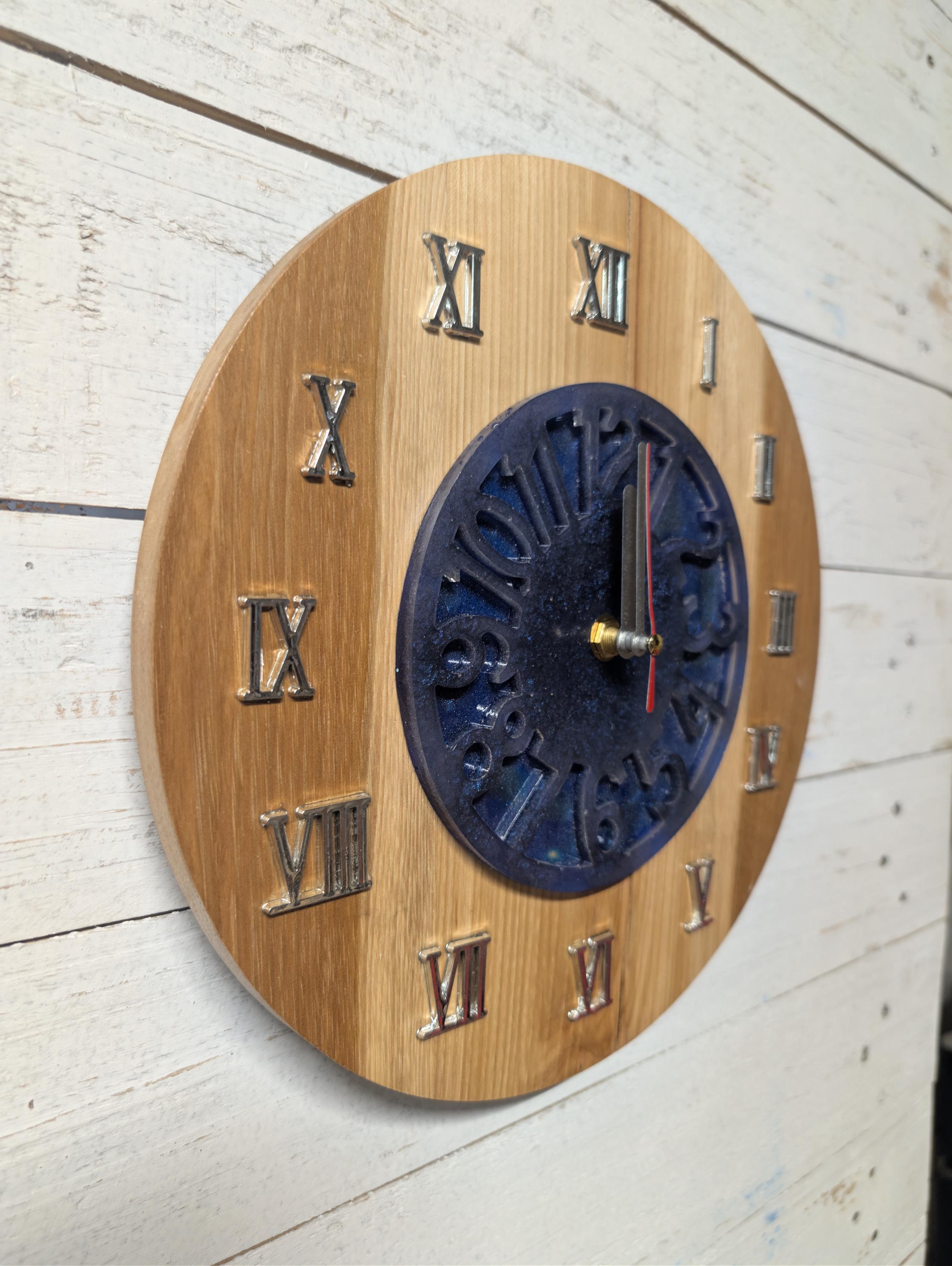 hand crafted rustic/modern clock Hickory wood and resin combo