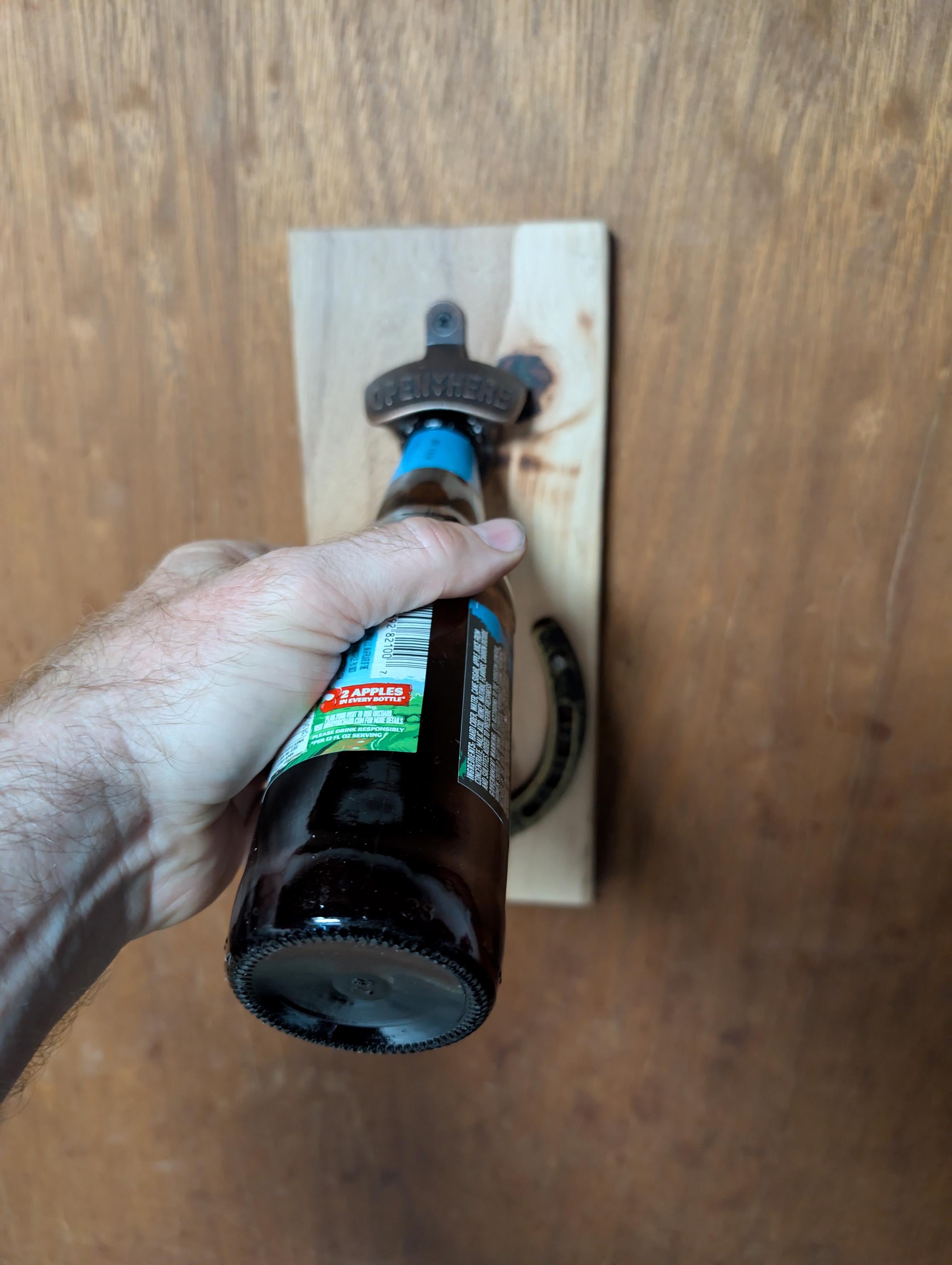 Handcrafted Hickory Bottle Opener: Rustic Wall Mount with Magnetic Cap Catcher
