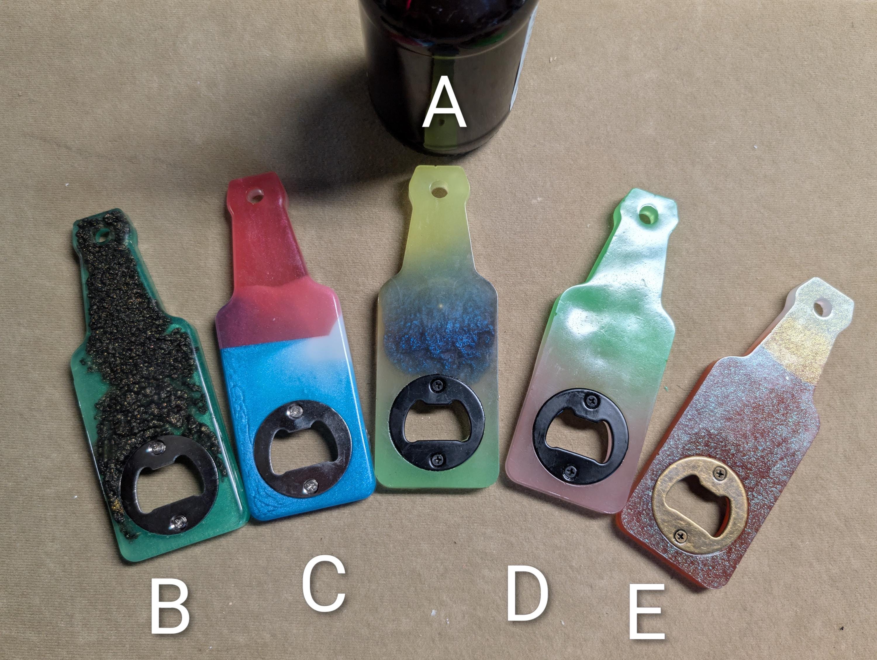 Bottle shaped bottle opener.  Many color options available with a magnet option on the back for hanging.