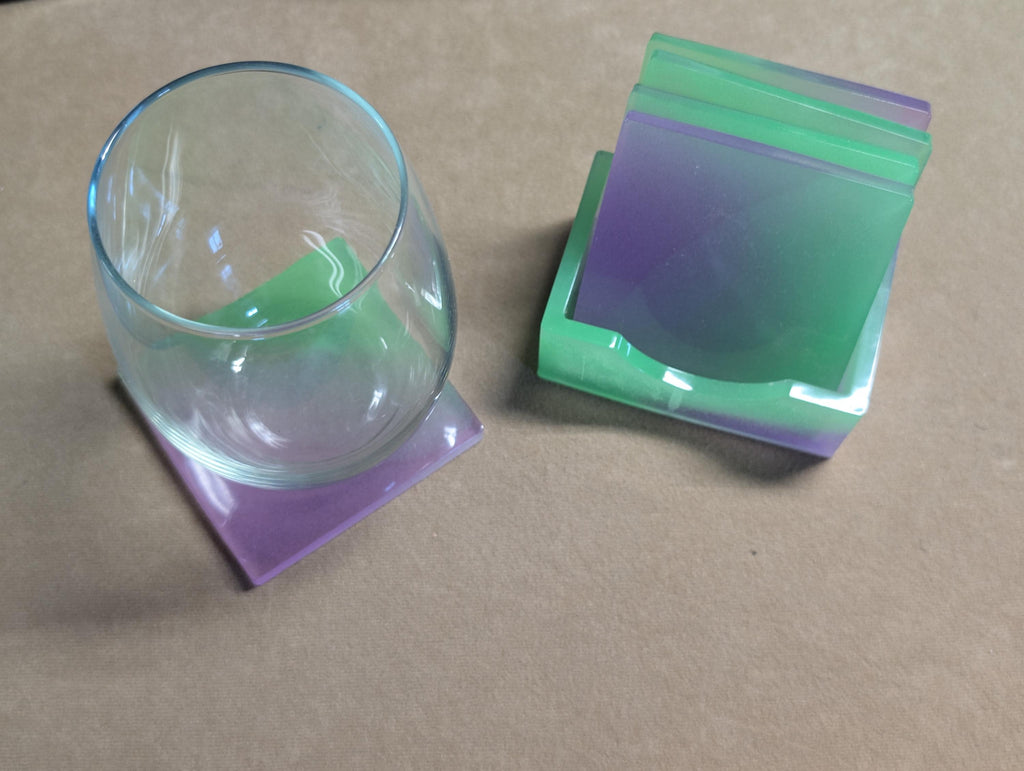 Hand Crafted Resin Square Coaster  Set  purple and green With Matching Holder
