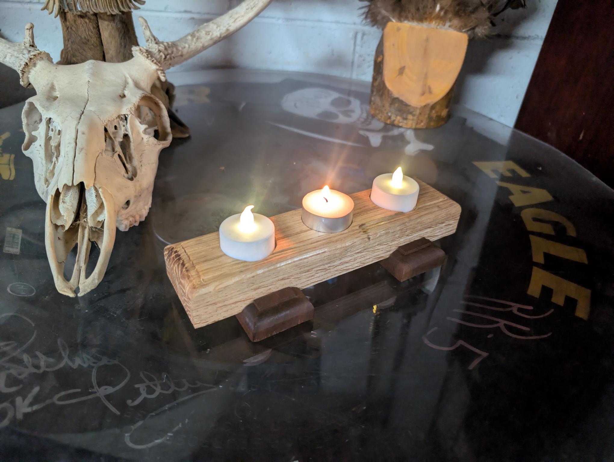 Set of 2 Handcrafted Oak and walnut 3 Tealight Candle Holder: Rustic Farmhouse Decor