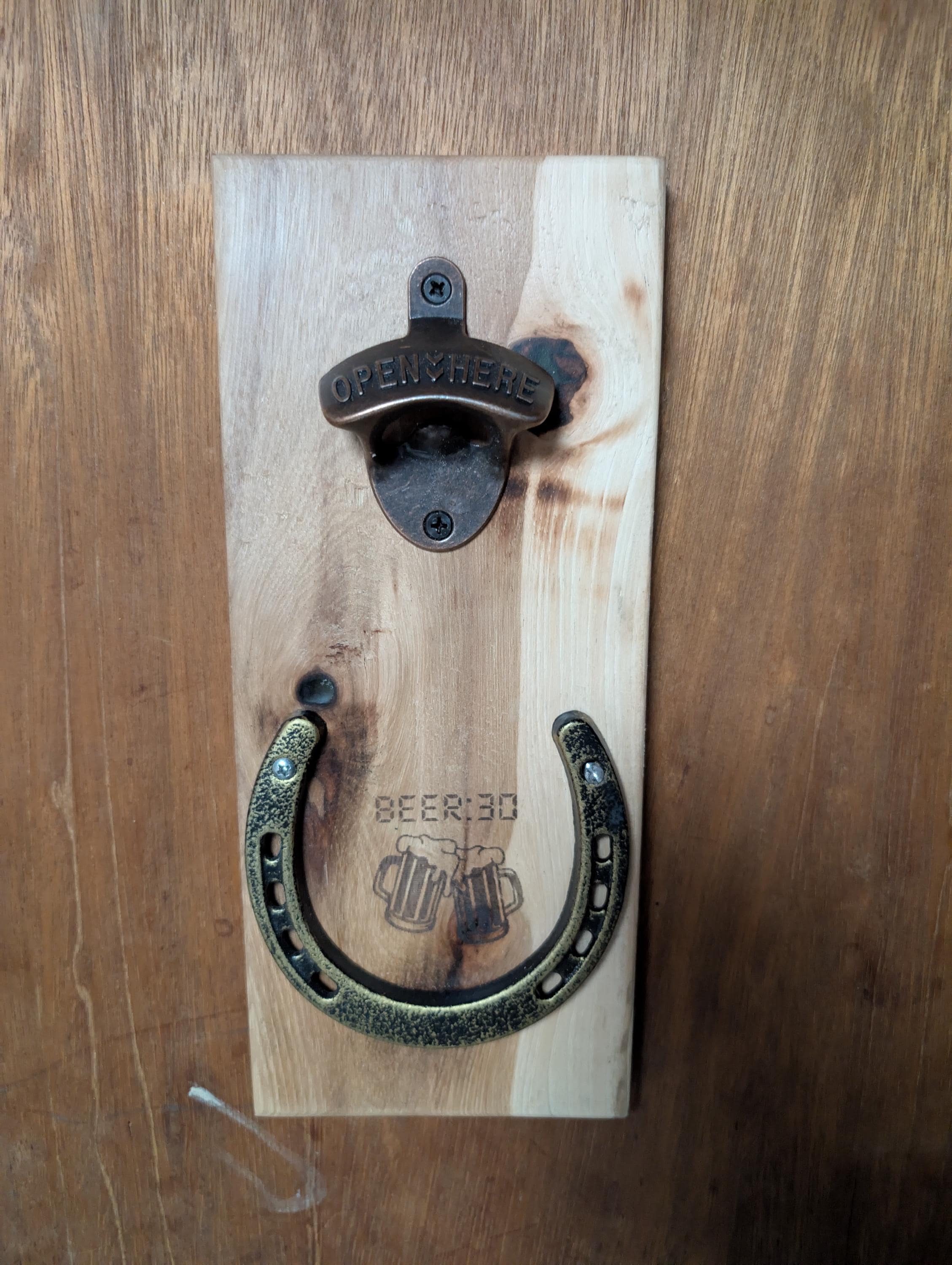 Handcrafted Hickory Bottle Opener: Rustic Wall Mount with Magnetic Cap Catcher