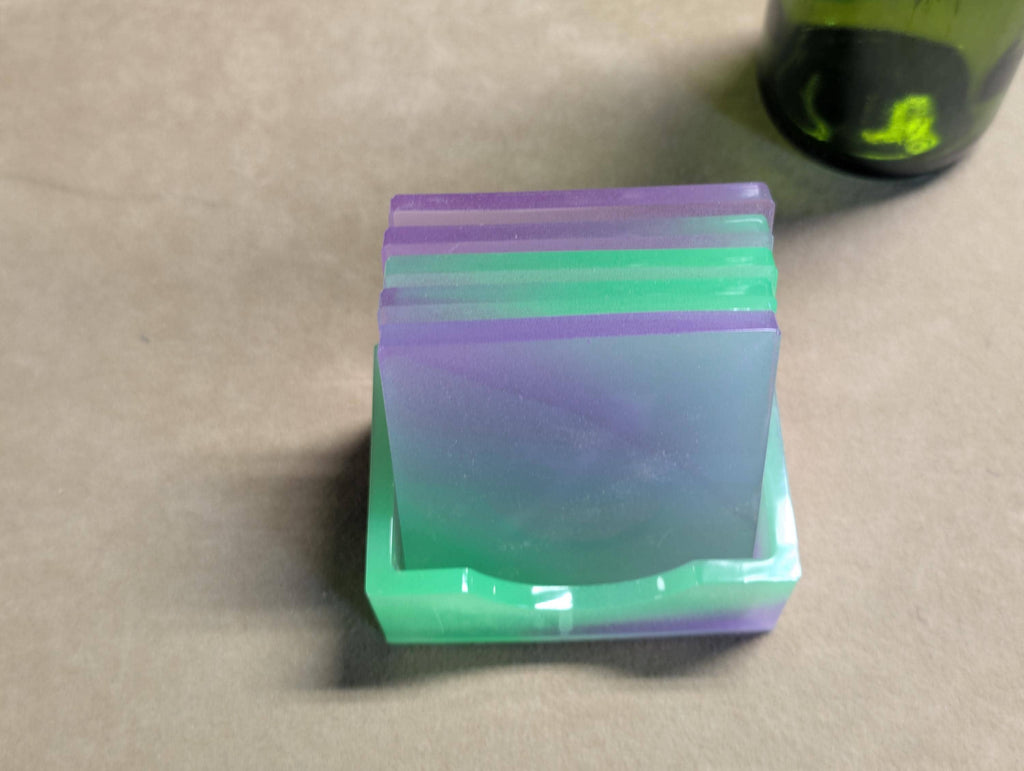 Hand Crafted Resin Square Coaster  Set  purple and green With Matching Holder