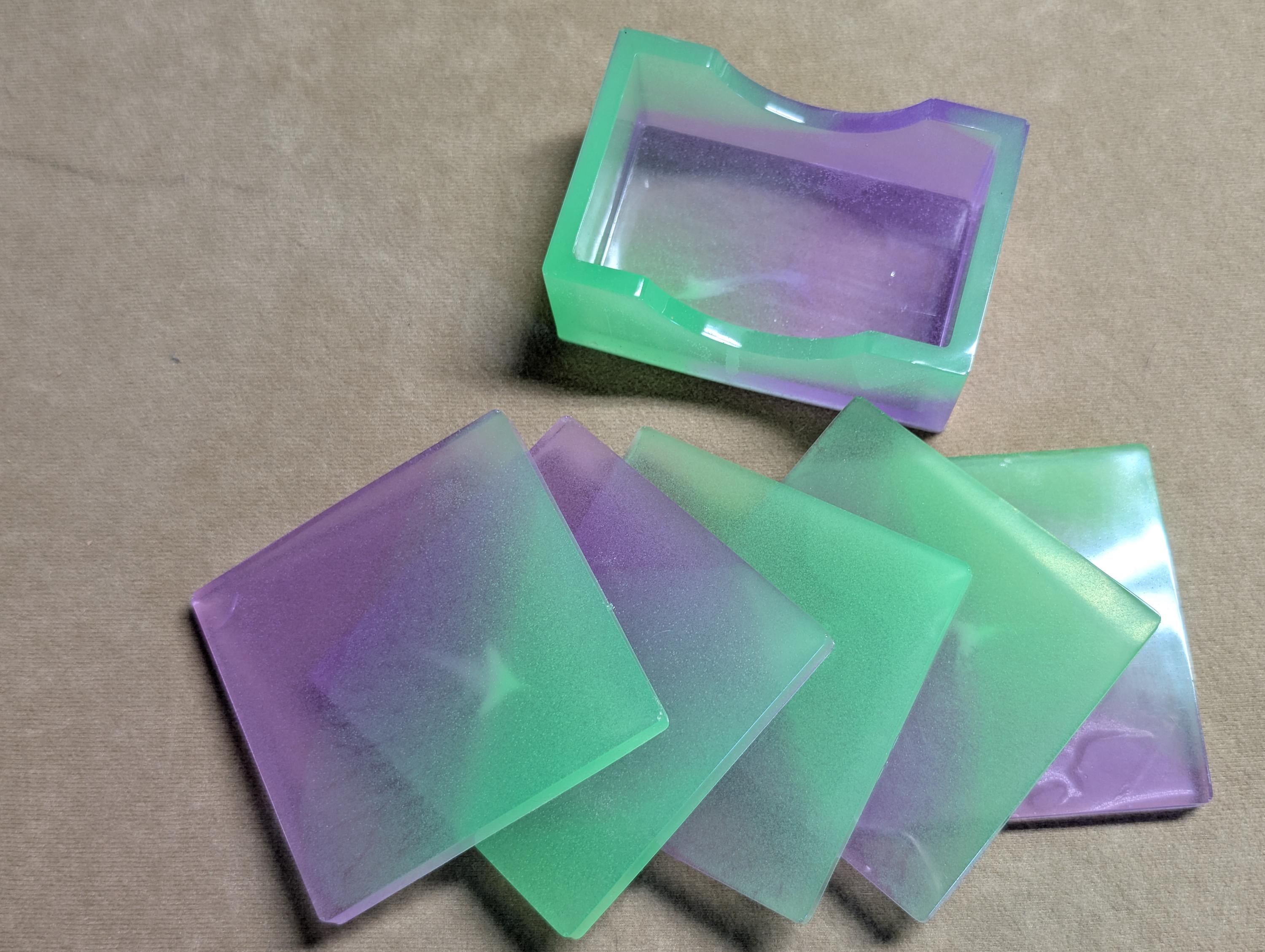 Hand Crafted Resin Square Coaster  Set  purple and green With Matching Holder
