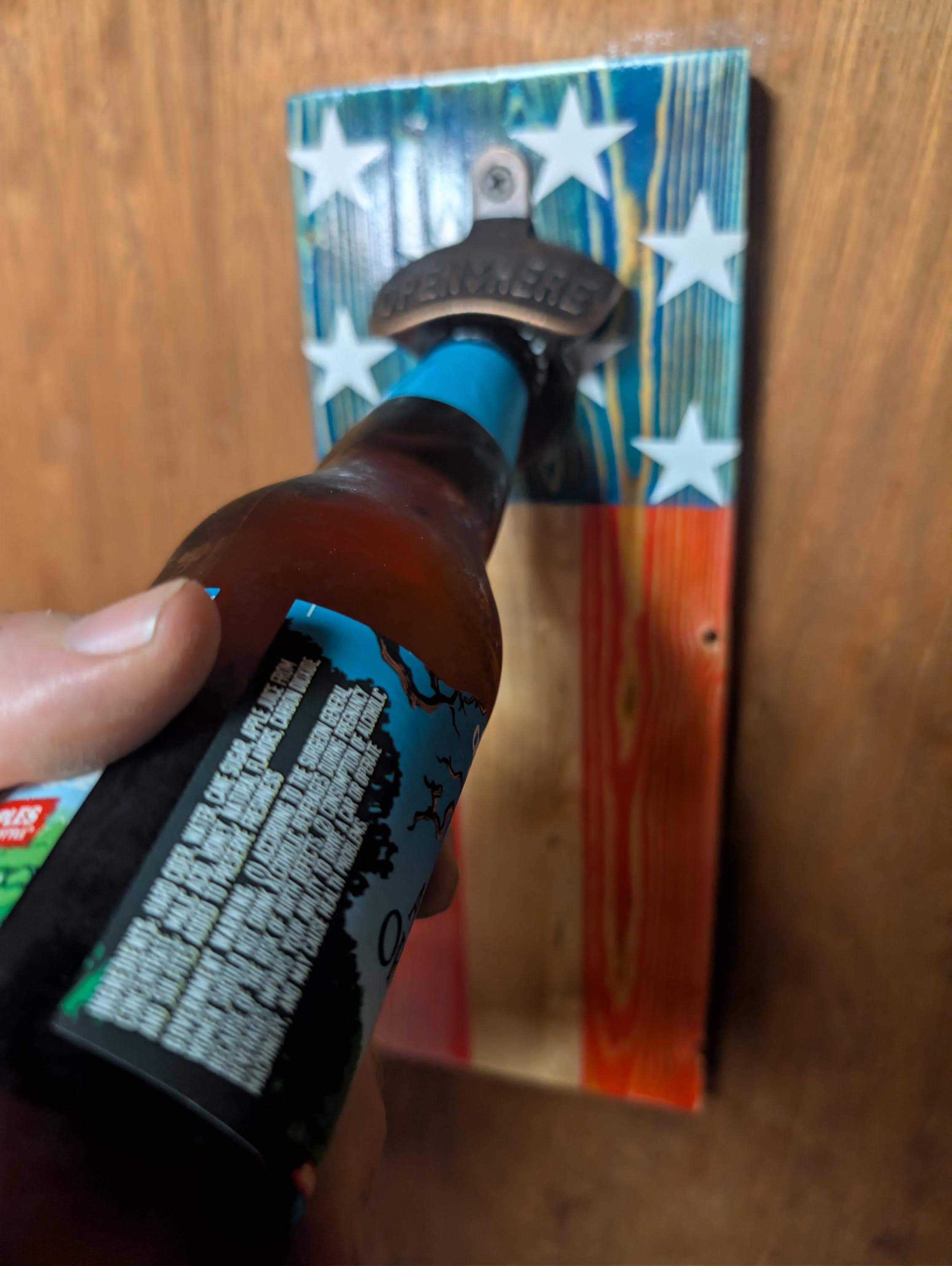 Handcrafted American flag Bottle Opener: Rustic Wall Mount with Magnetic Cap Catcher