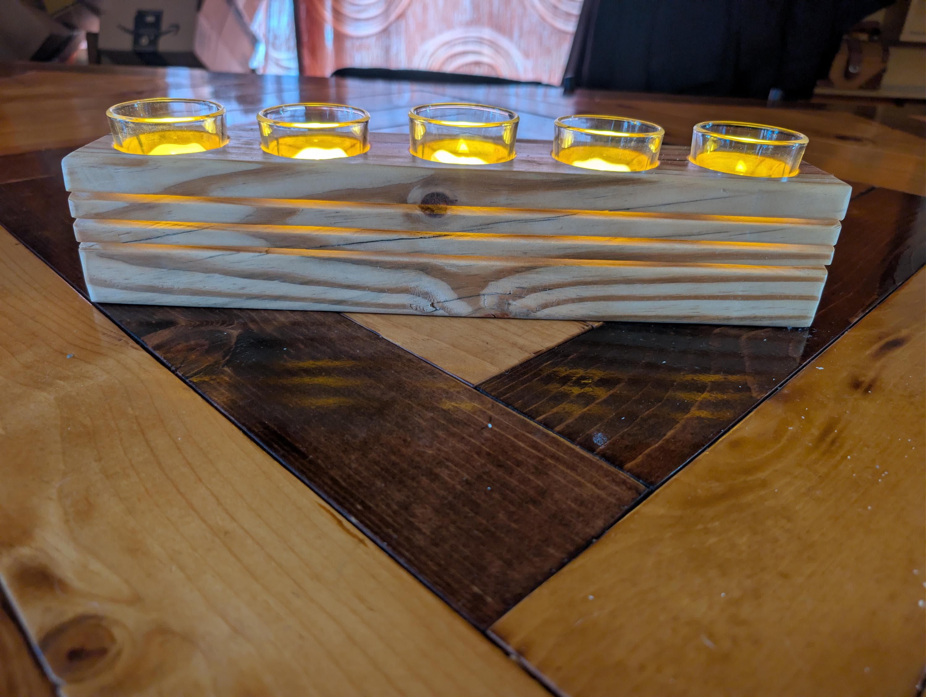 Rustic Hand Crafted Wooden Candle Holder For 5 Candles