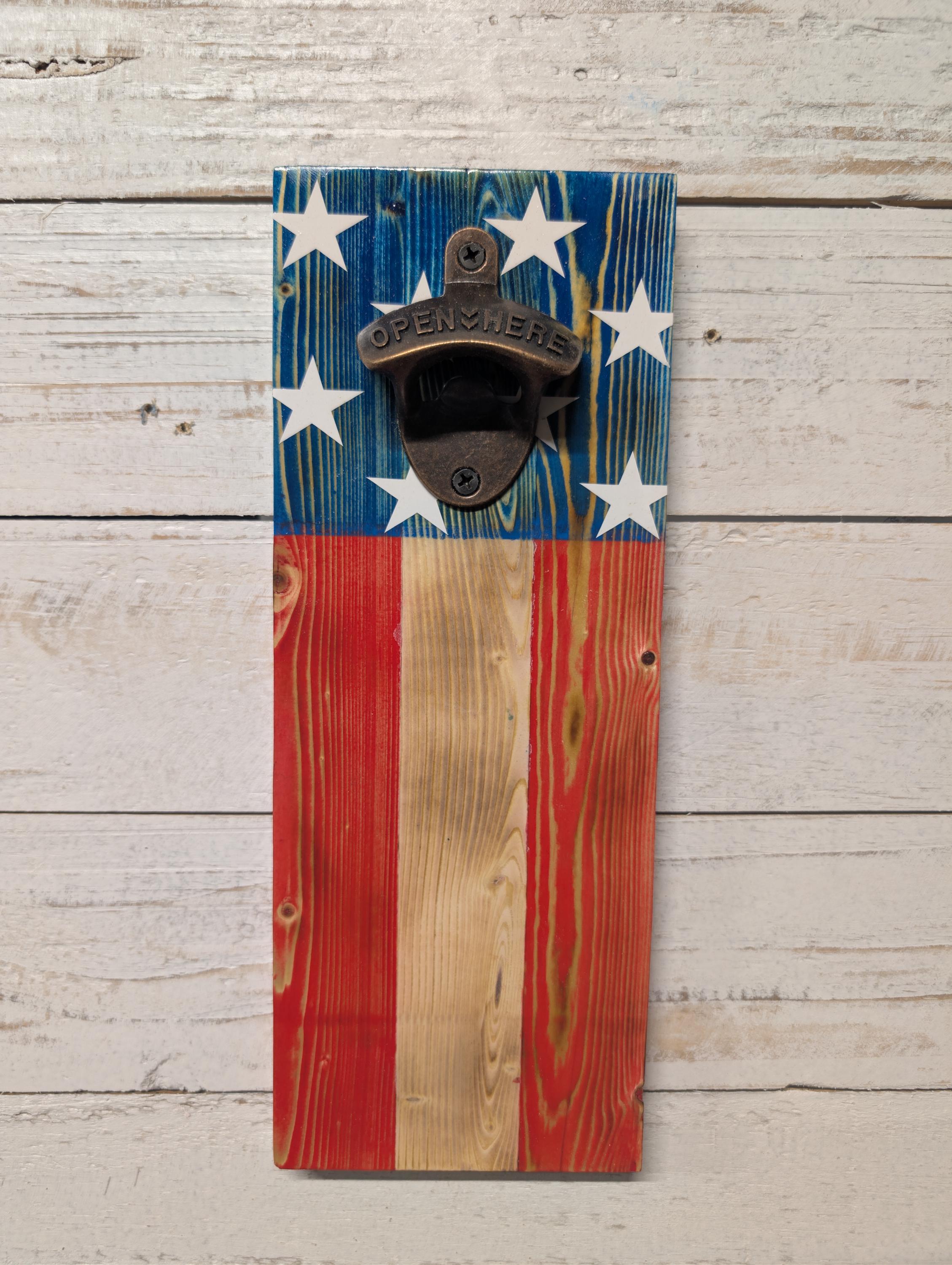 Handcrafted American flag Bottle Opener: Rustic Wall Mount with Magnetic Cap Catcher