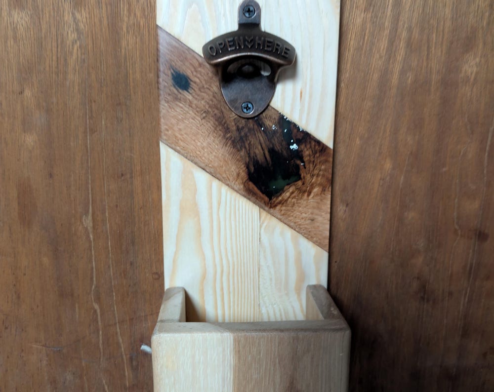Handcrafted Pine Bottle Opener: Rustic Wall Mount with Hickory Catcher and inlay